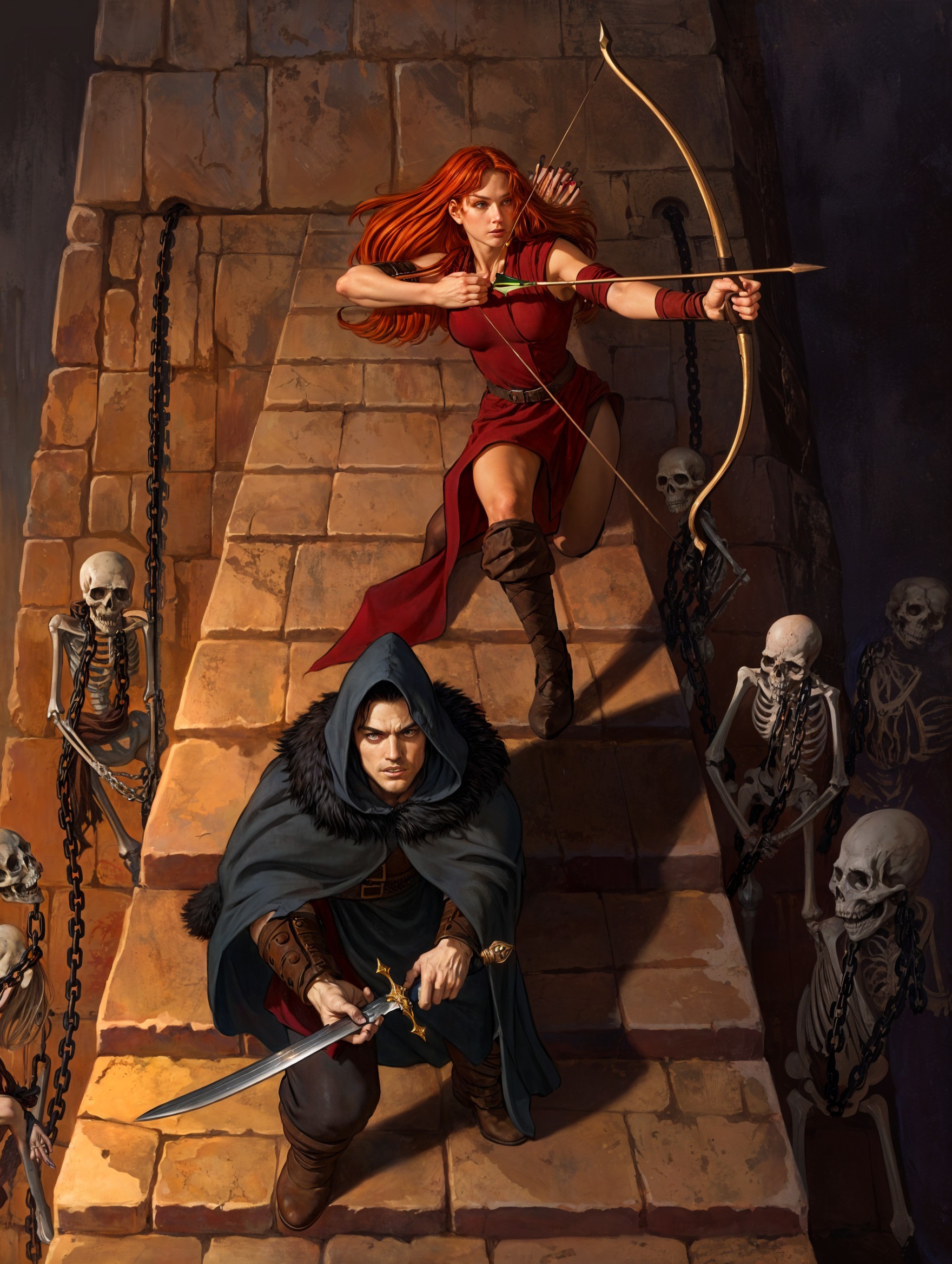Warrior Duo on Stone Staircase with Eerie Skeletons
