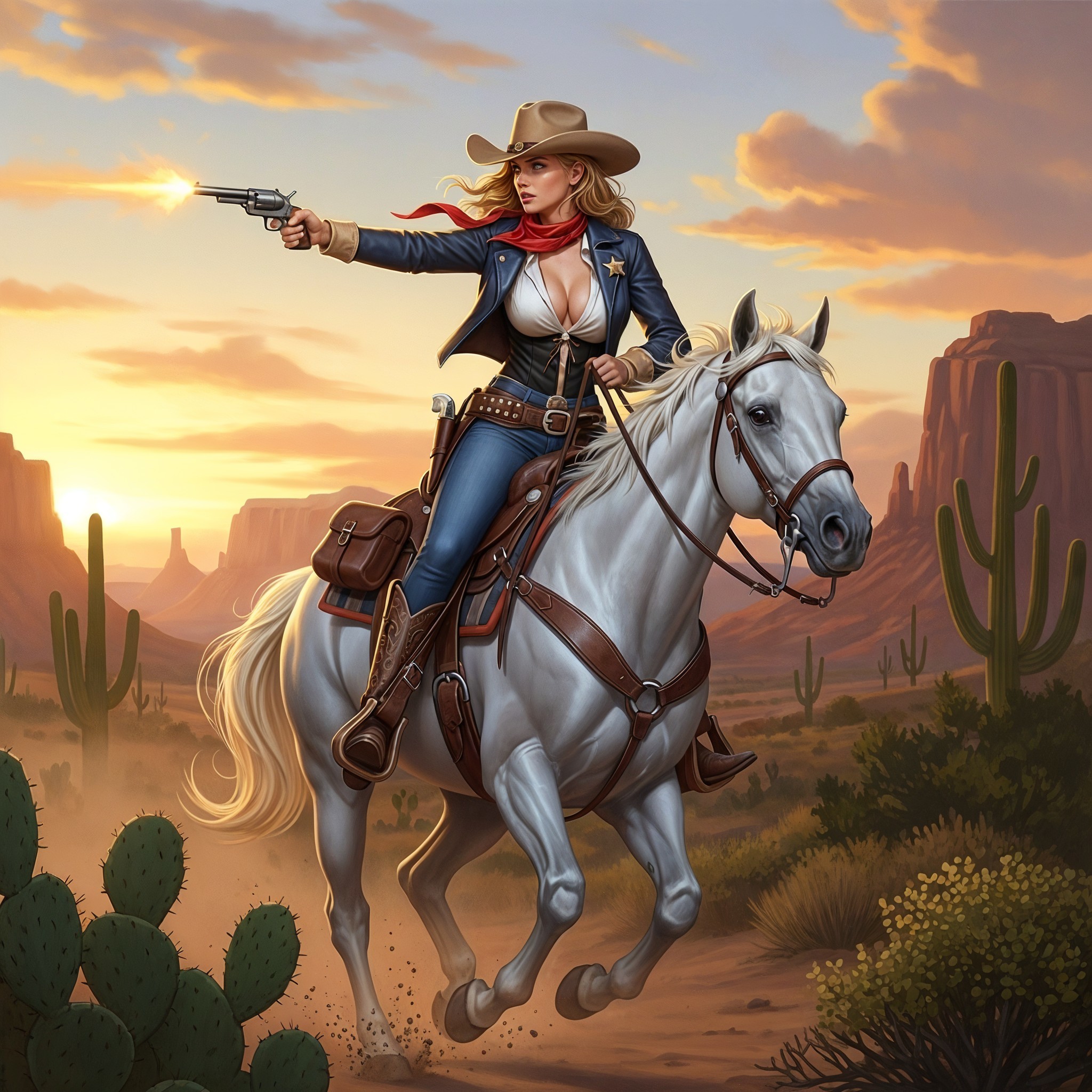 Cowgirl Riding White Horse in Desert at Sunset