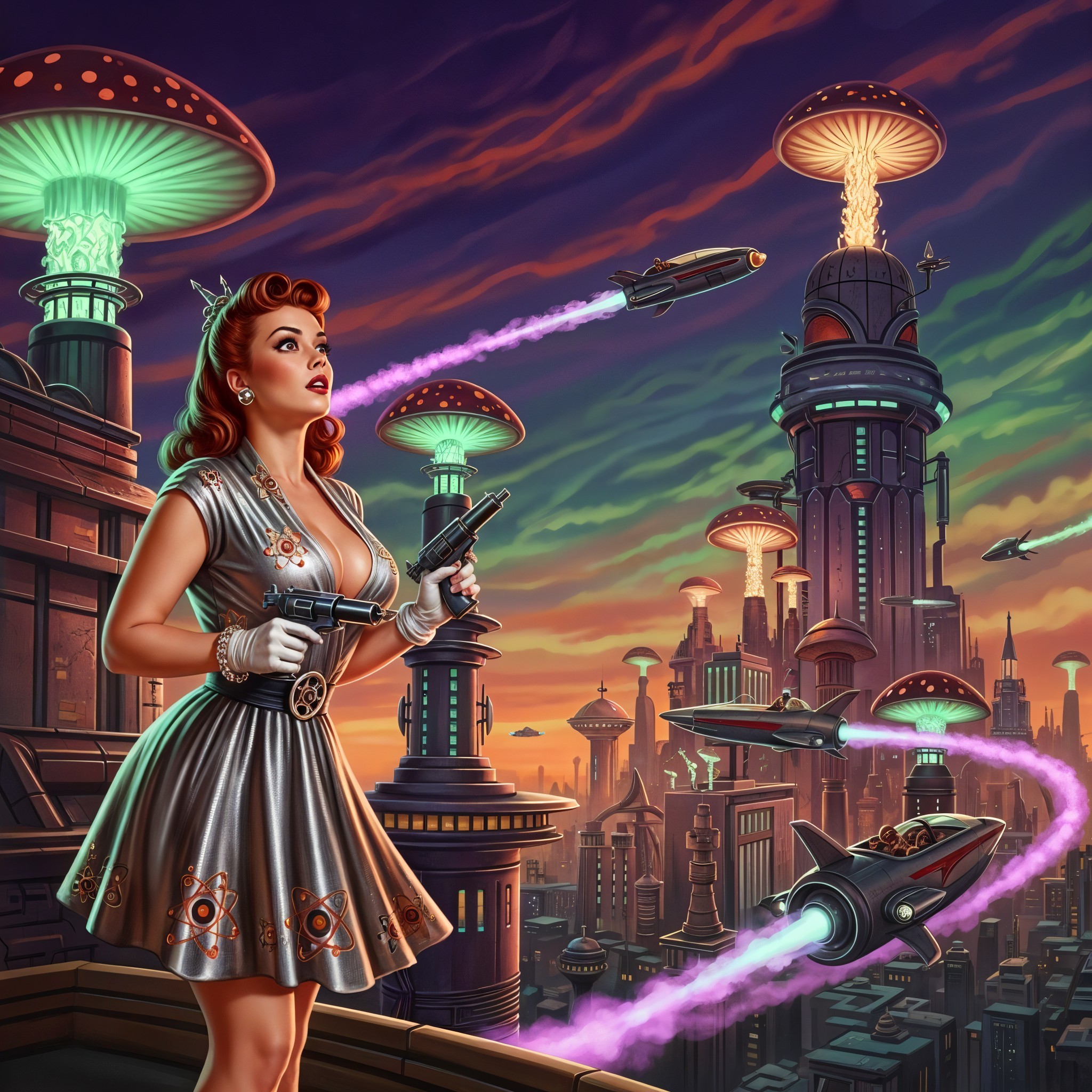 Retro-Futuristic Scene with Confident Woman and Skyscrapers
