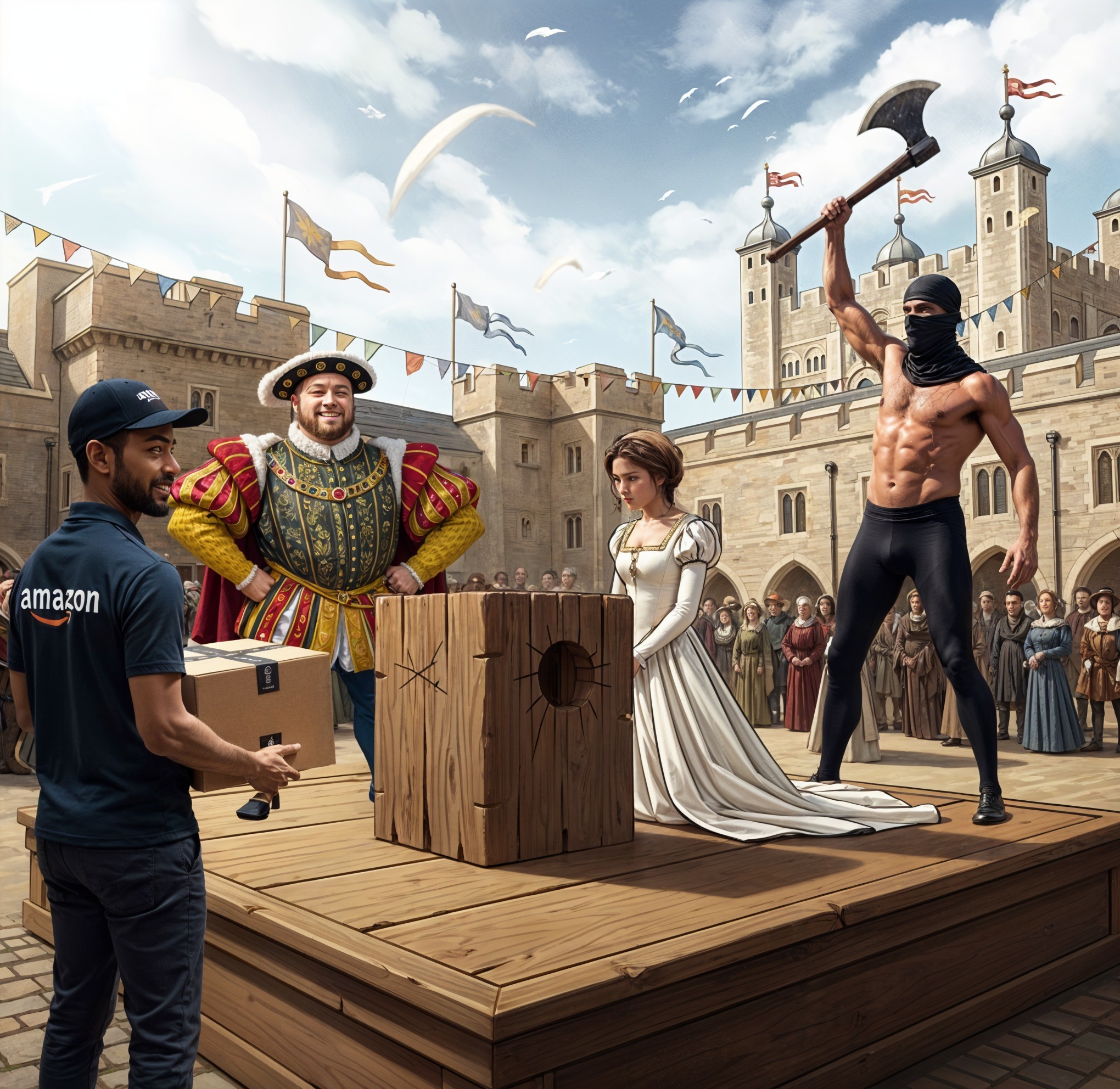 Medieval Scene with Delivery Person and Dramatic Event