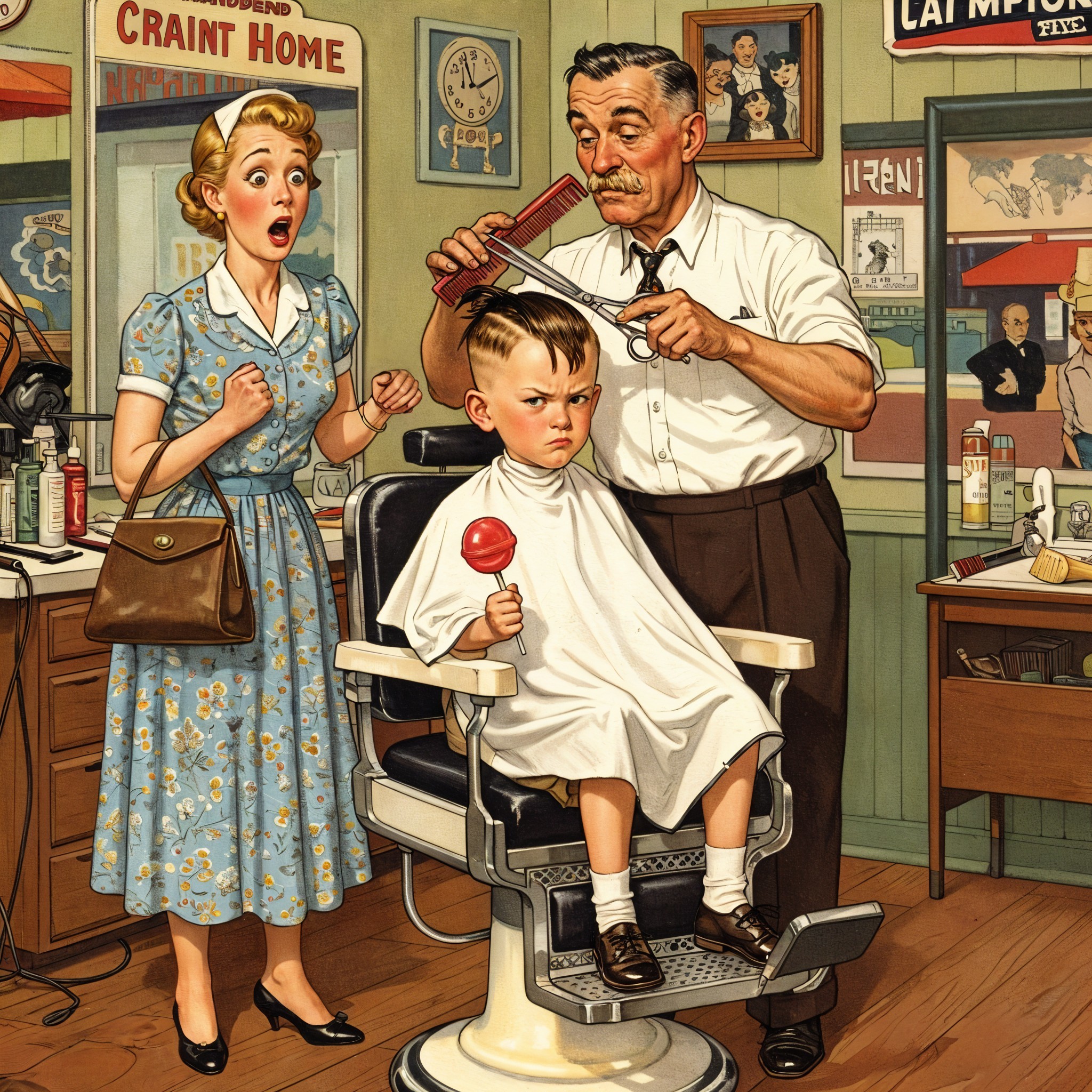 Vintage Barber Shop Scene with Boy and Barber