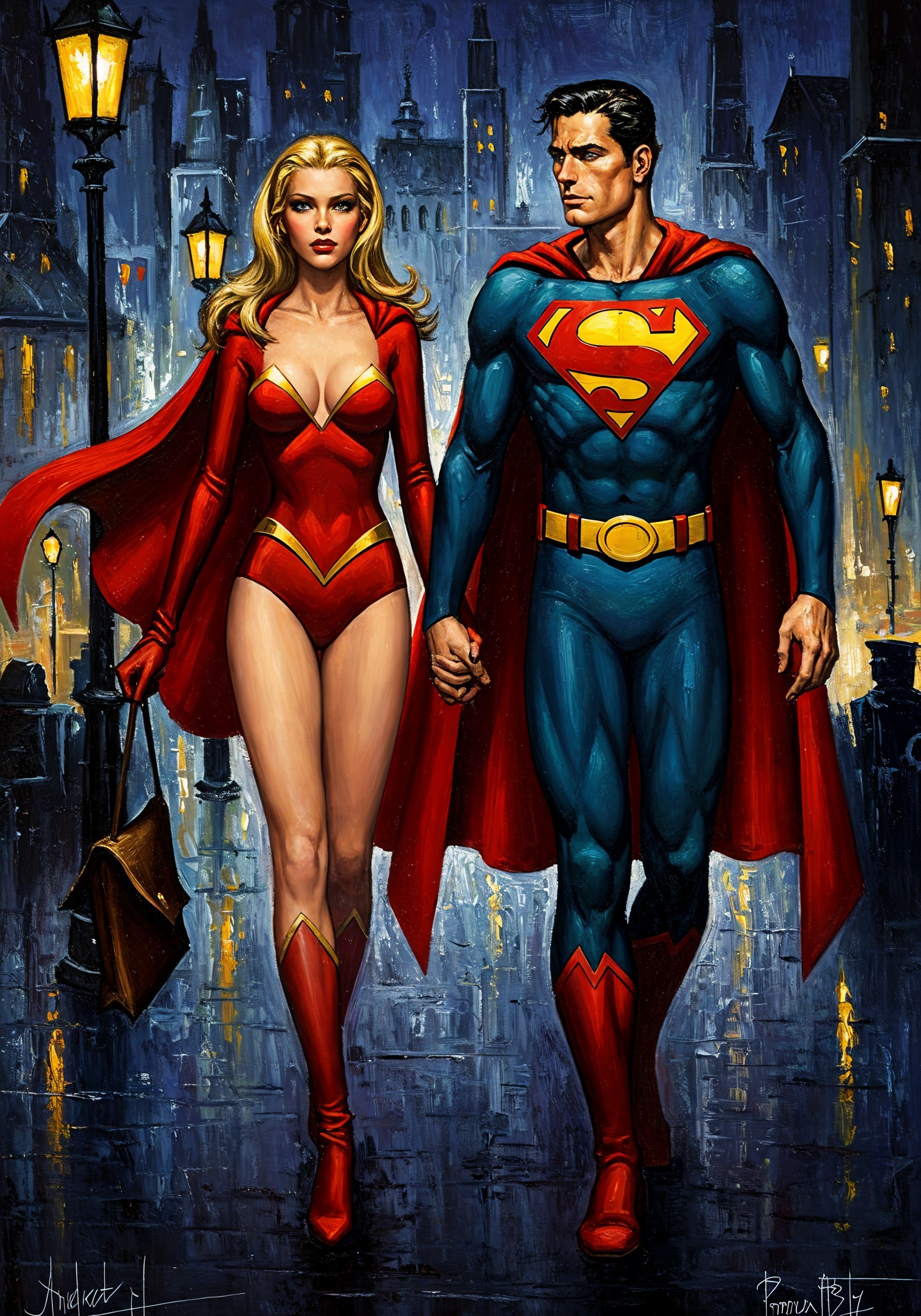 Superhero Couple in Urban Setting at Night