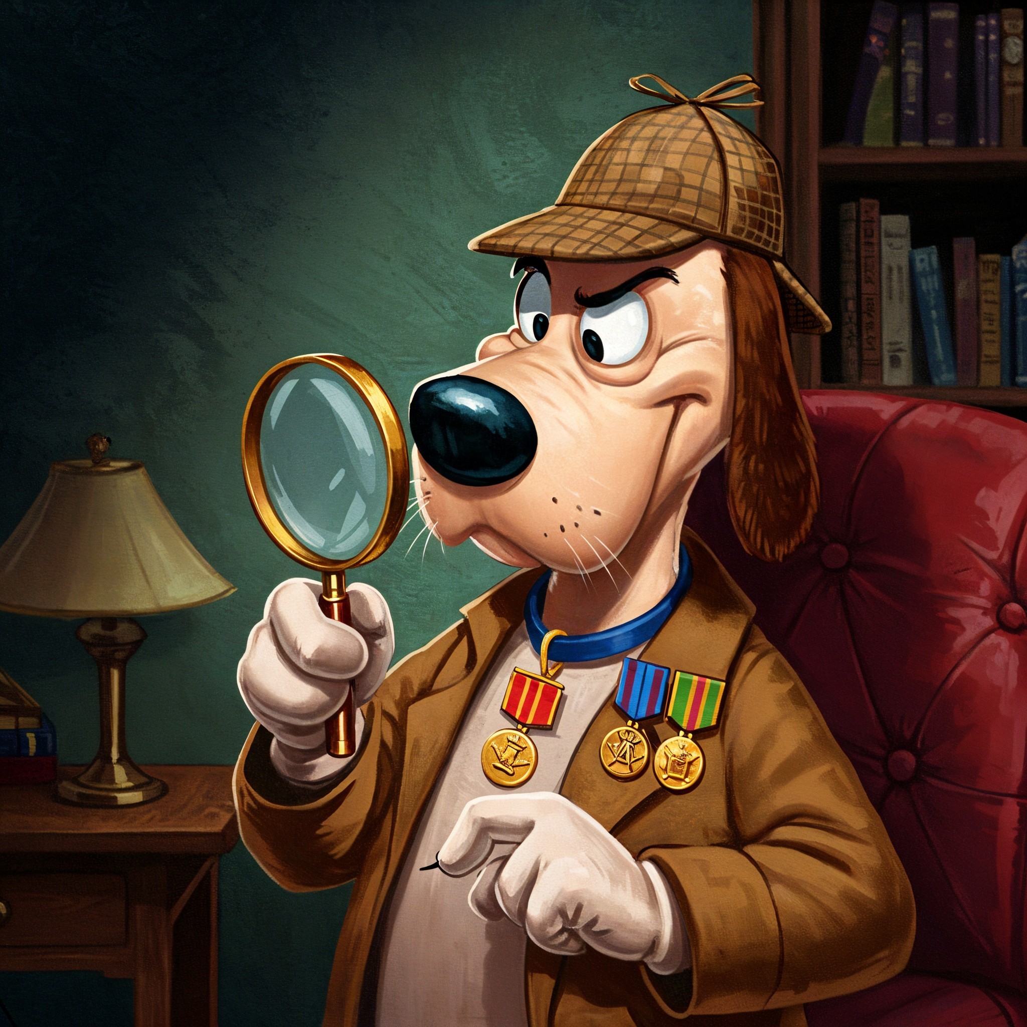 Cartoon Dog Detective in Cozy Room with Magnifying Glass