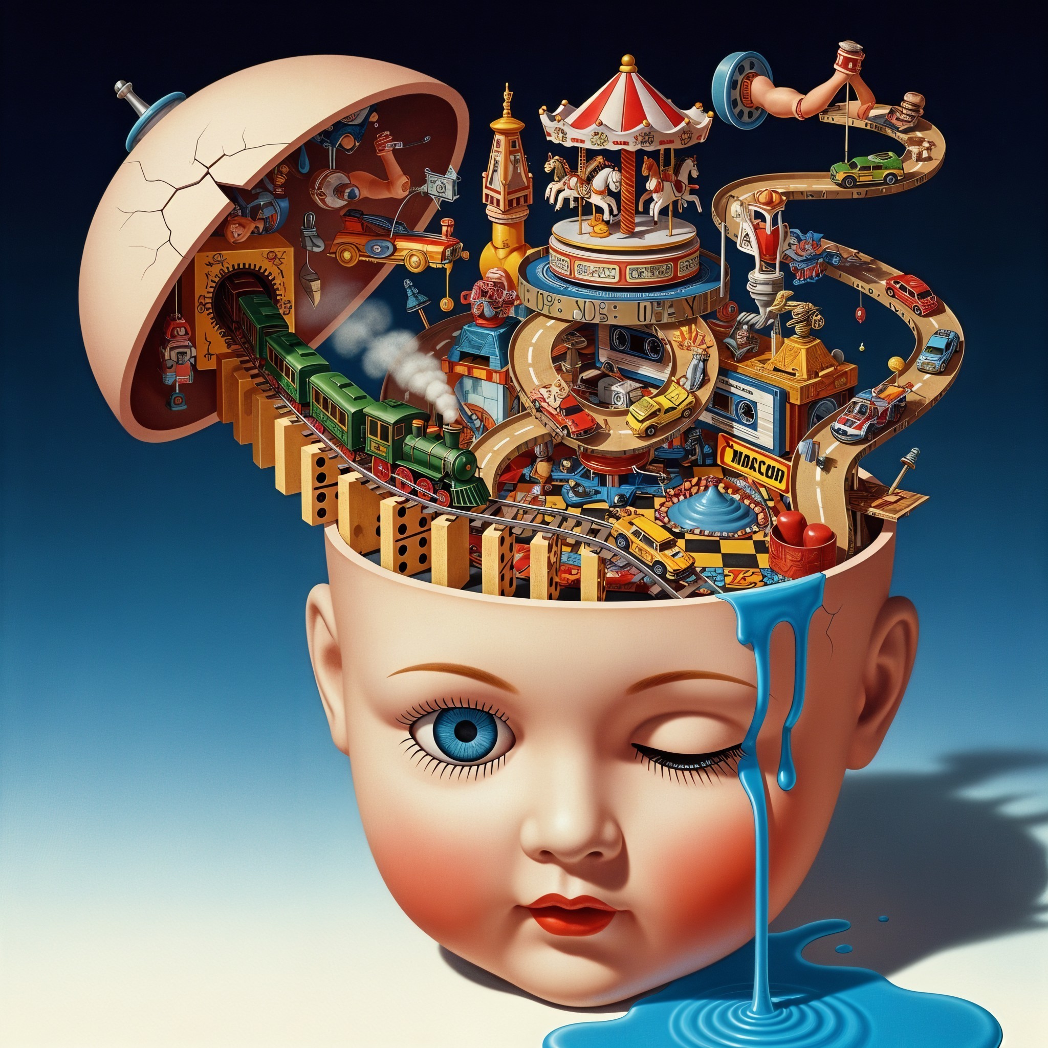 Surreal Doll's Head with Miniature Whimsical World