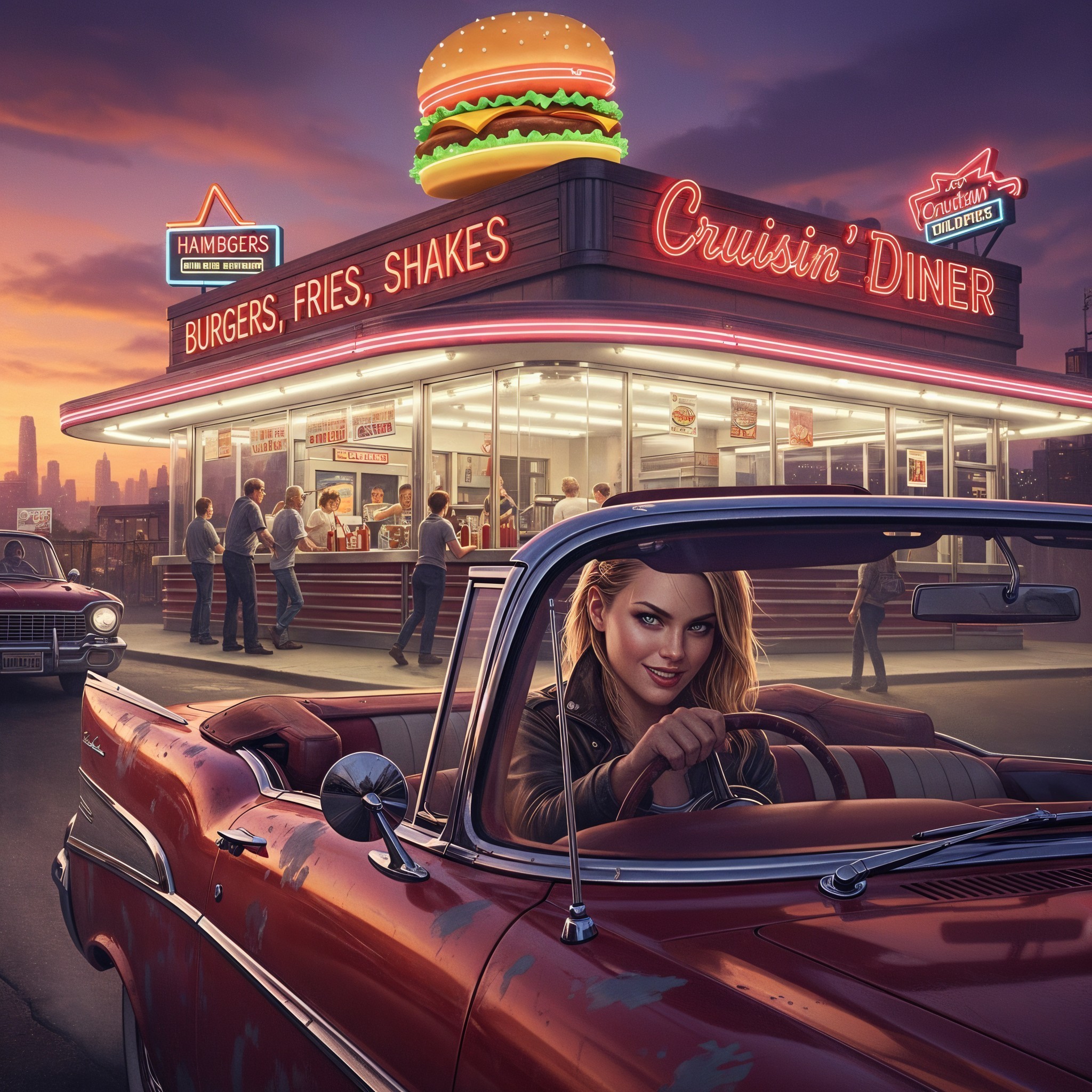 Retro Diner with Neon Lights and Classic Cars