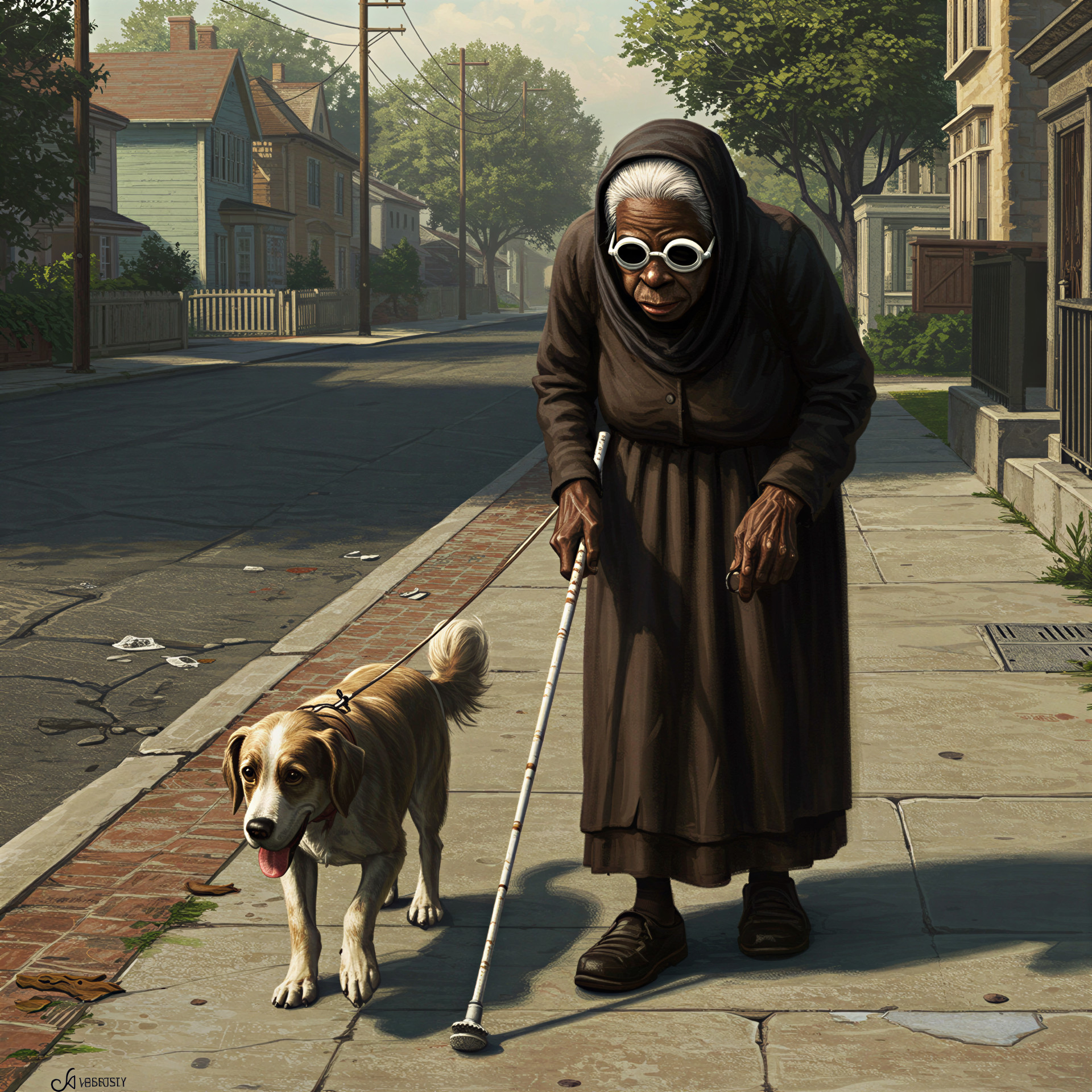 Elderly Woman with Dog on Tree-Lined Street