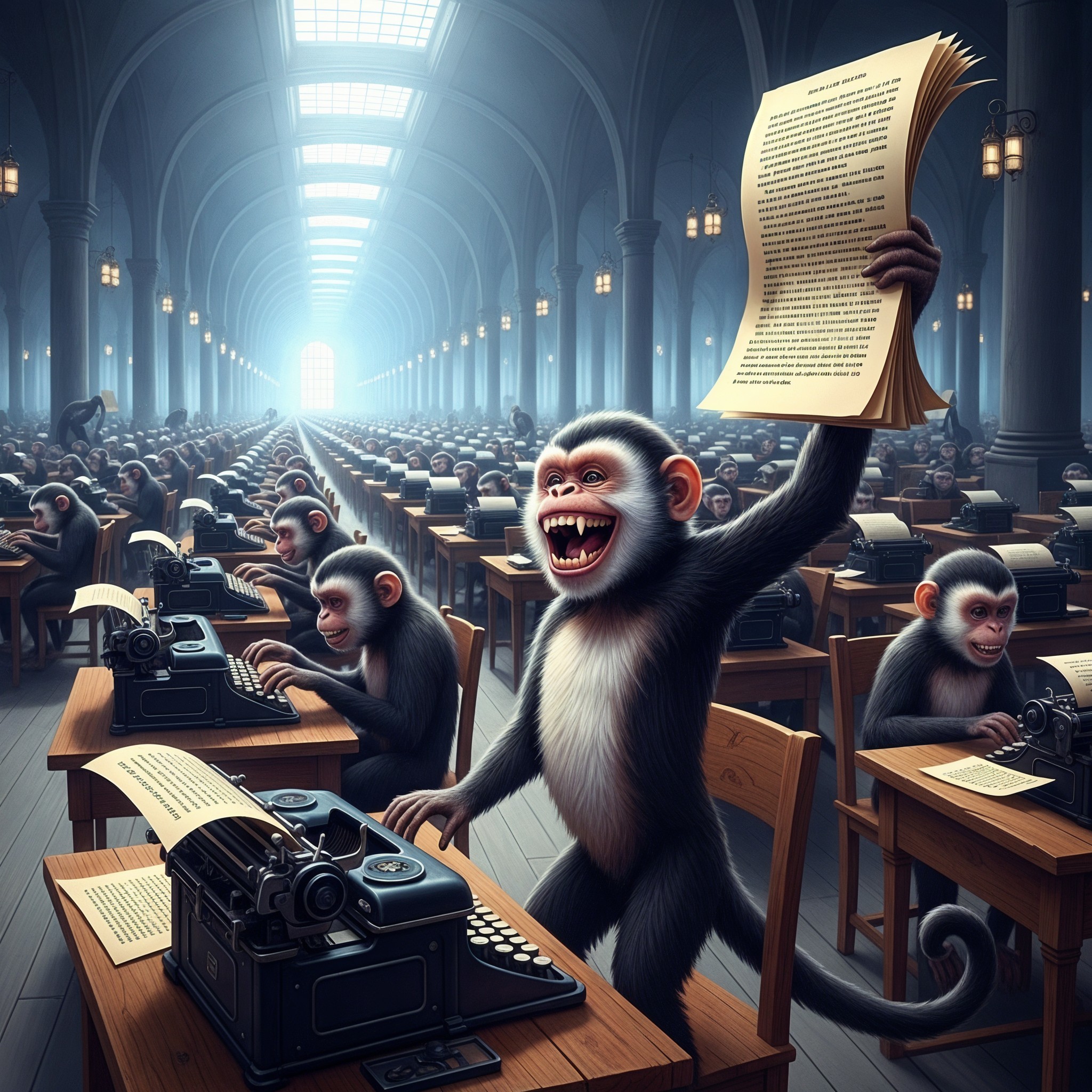 Monkeys Typing on Vintage Typewriters in Library