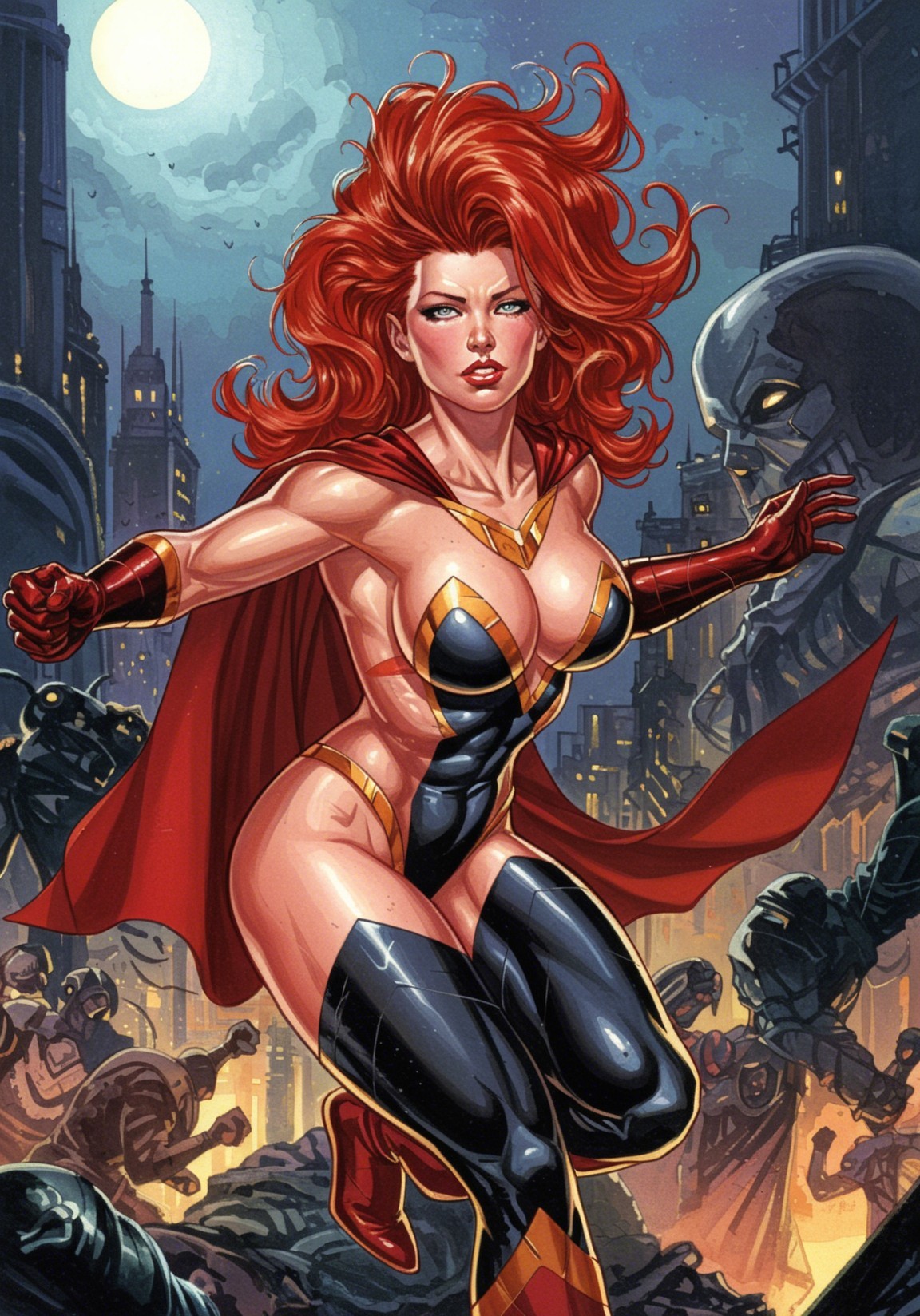 Powerful Female Superhero in Urban Comic Scene