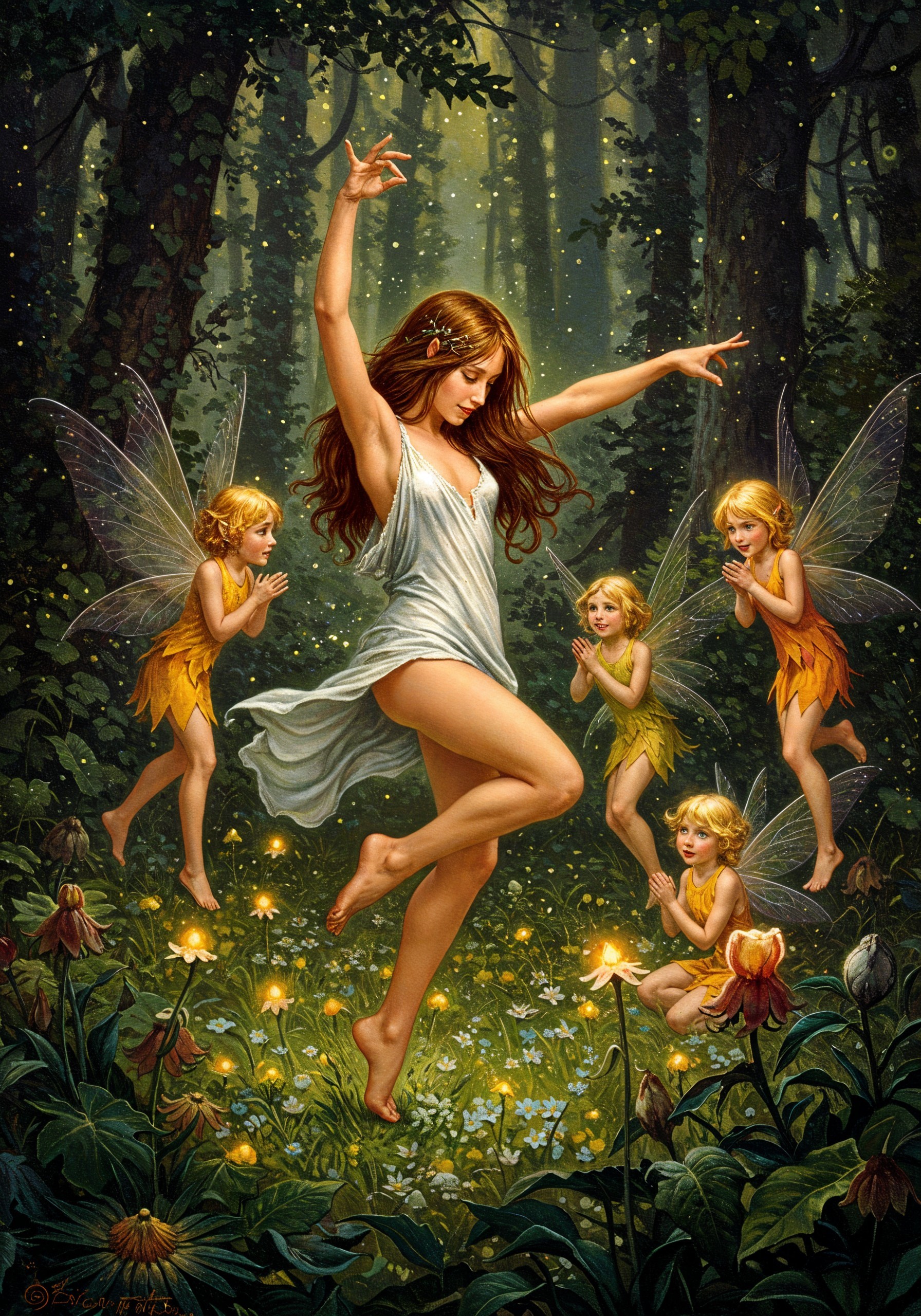 Enchanted Forest Scene with Dancing Woman and Fairies