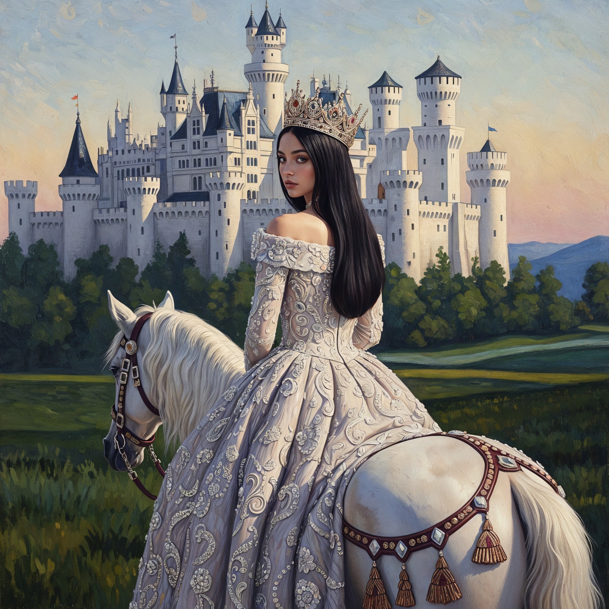 Regal figure on horse with castle backdrop at sunset