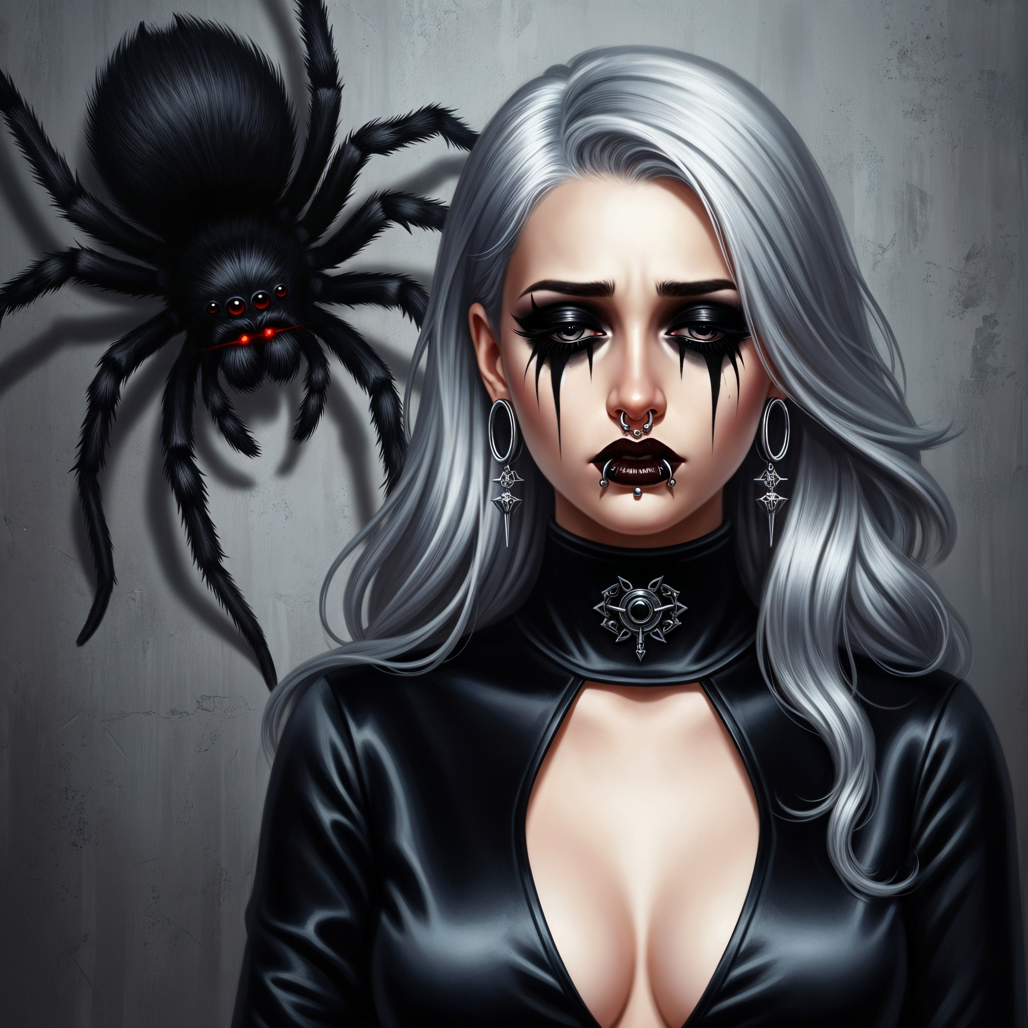 Gothic Figure with Silver Hair and Ominous Spider