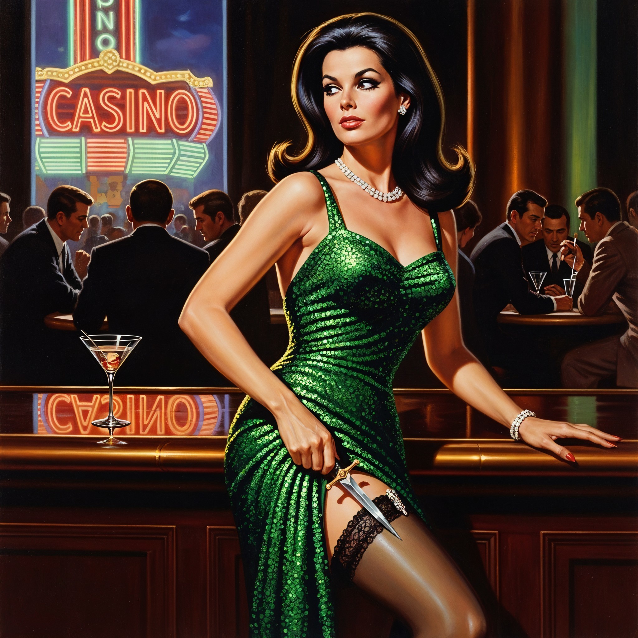 Glamorous Woman in Green Dress at Casino Bar