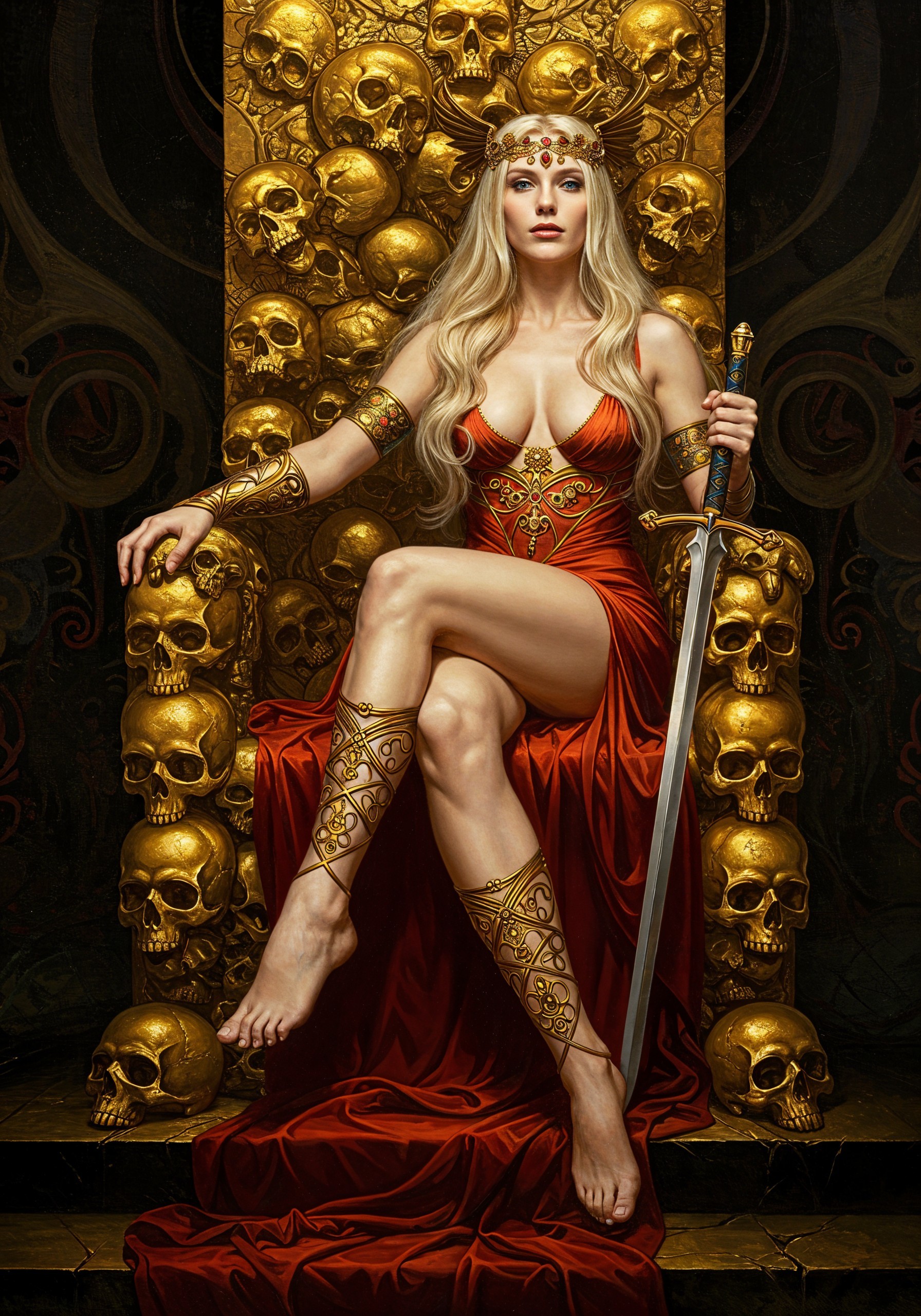 Warrior queen on throne with gold skulls and sword