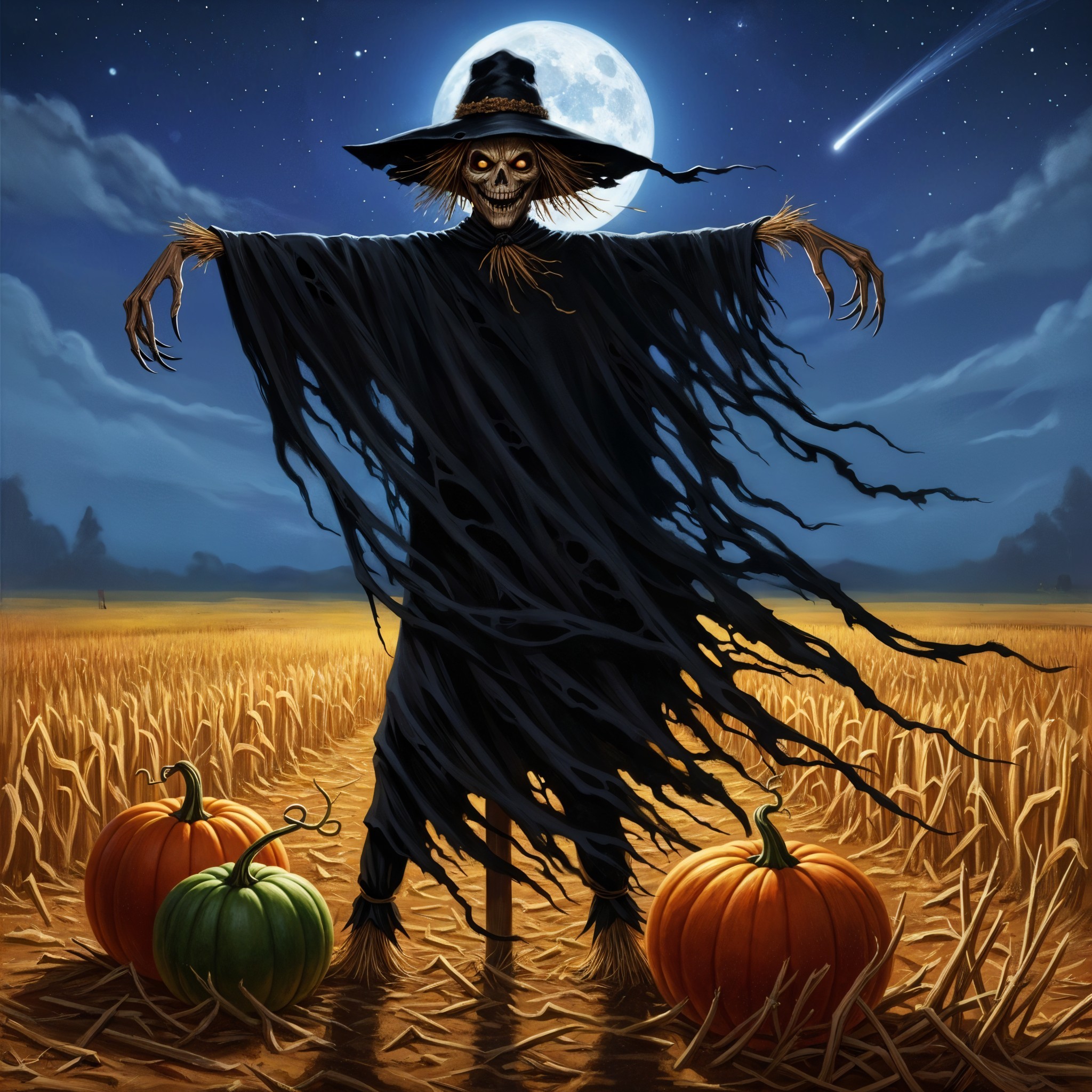 Spooky Scarecrow in Wheat Field Under Full Moon