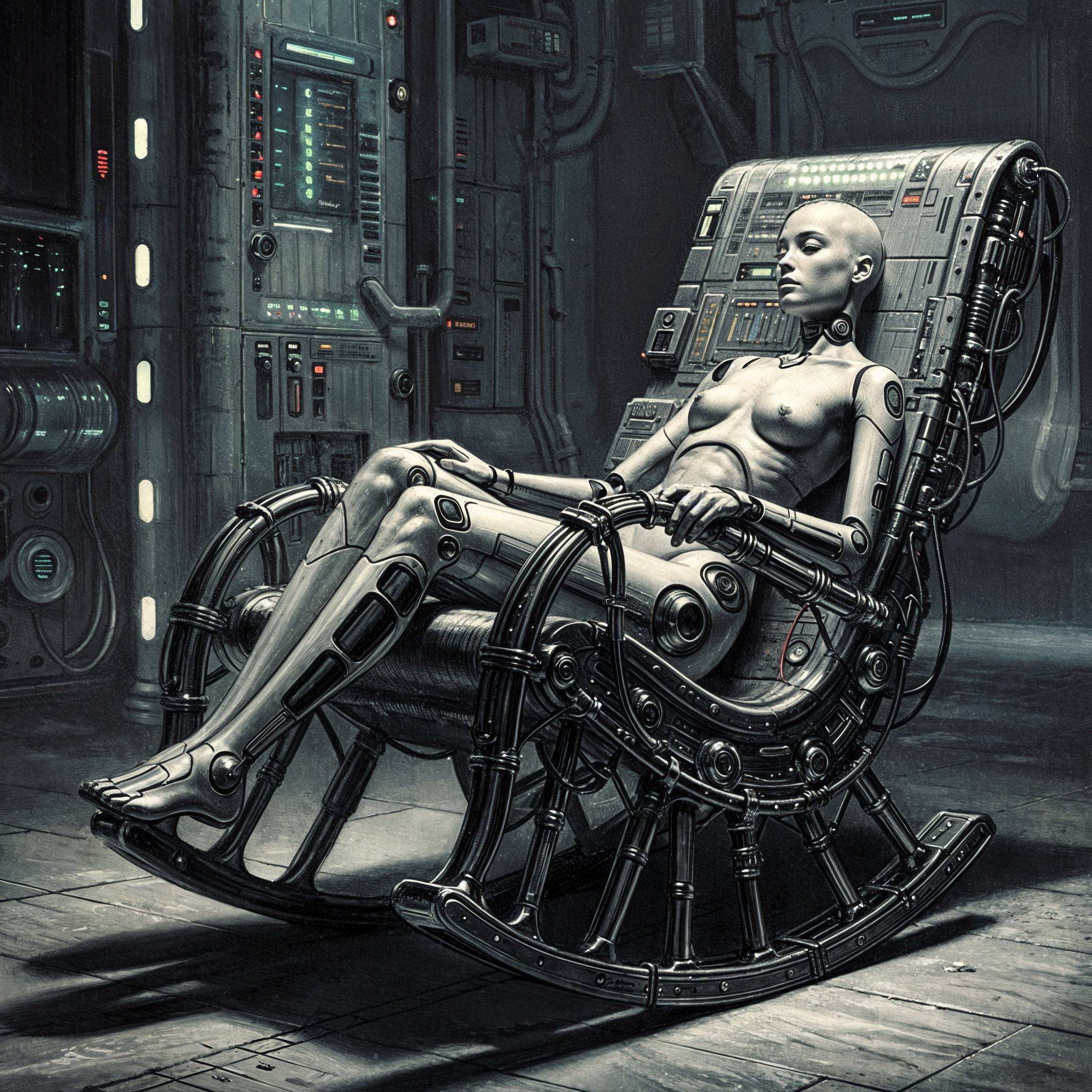 Humanoid Robot in Futuristic Rocking Chair Setting