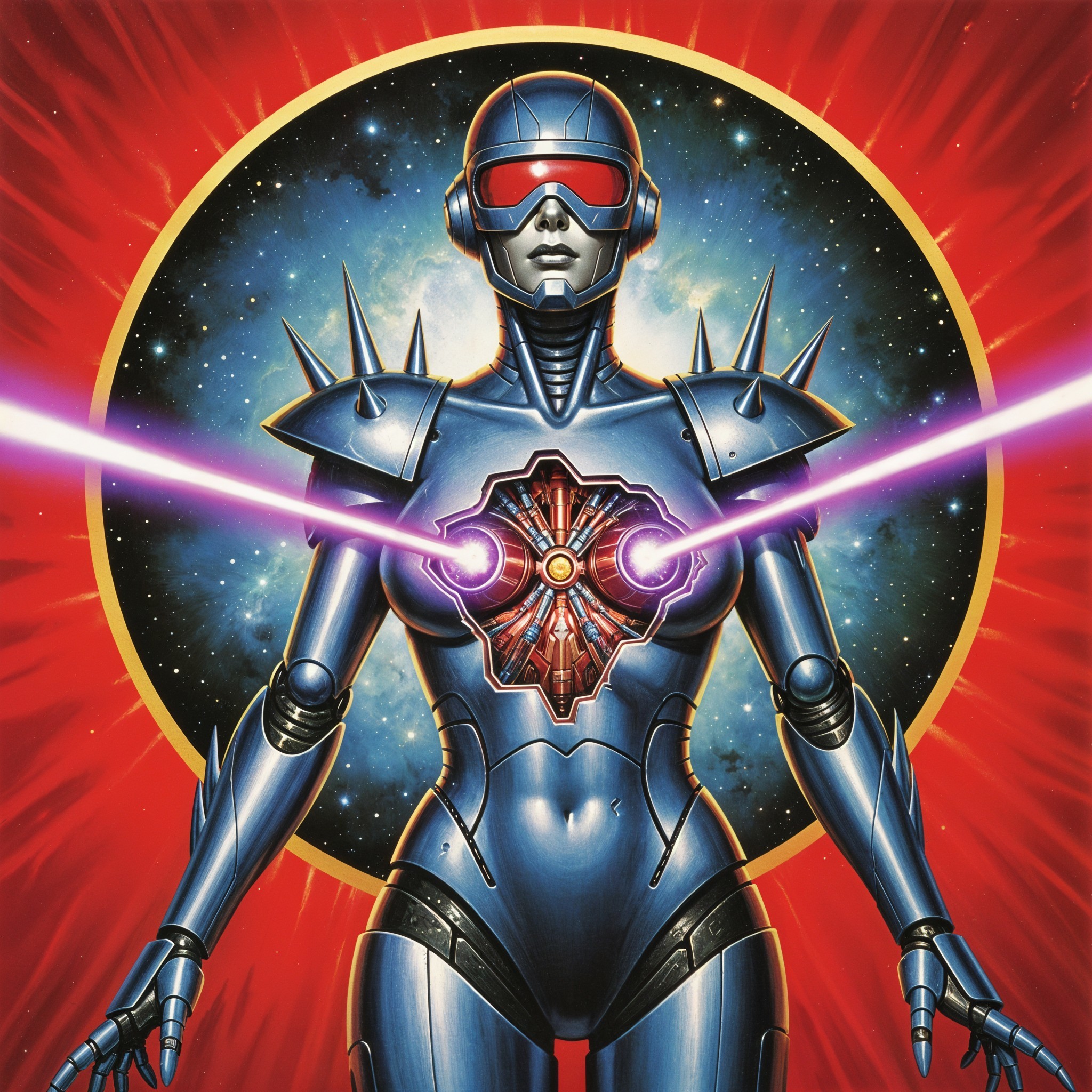 Futuristic female robot in metallic armor with energy core