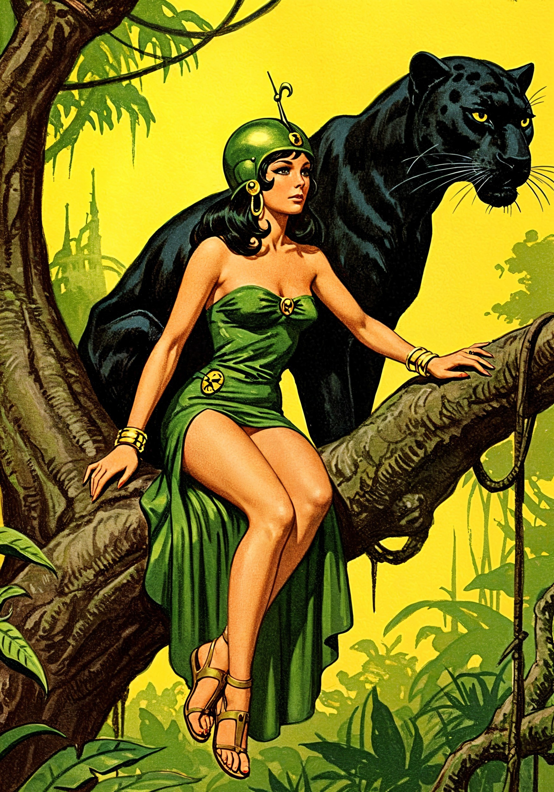 Regal Woman in Green Dress with Black Panther in Jungle