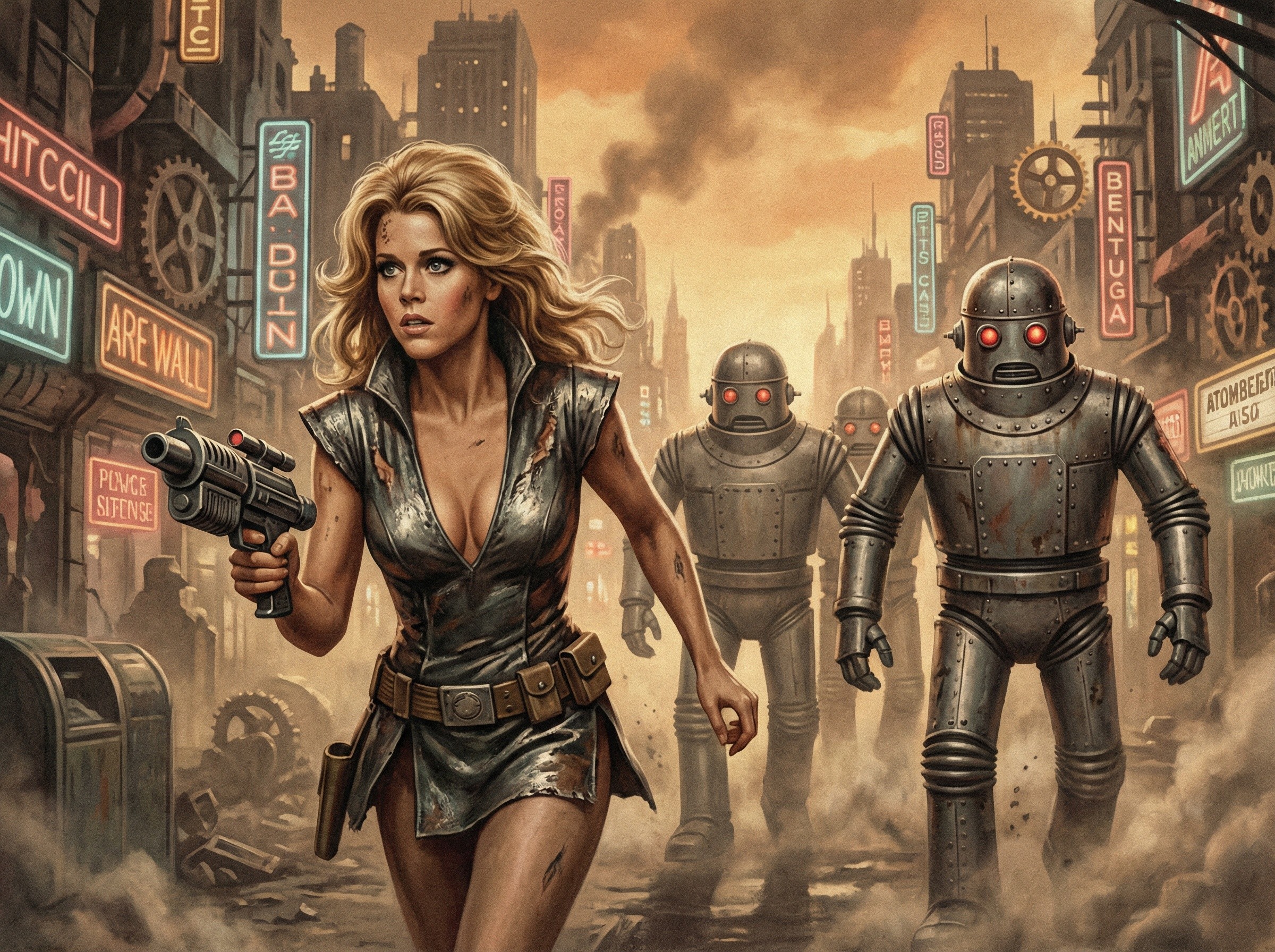 Woman in Futuristic Steampunk Outfit in City Scene