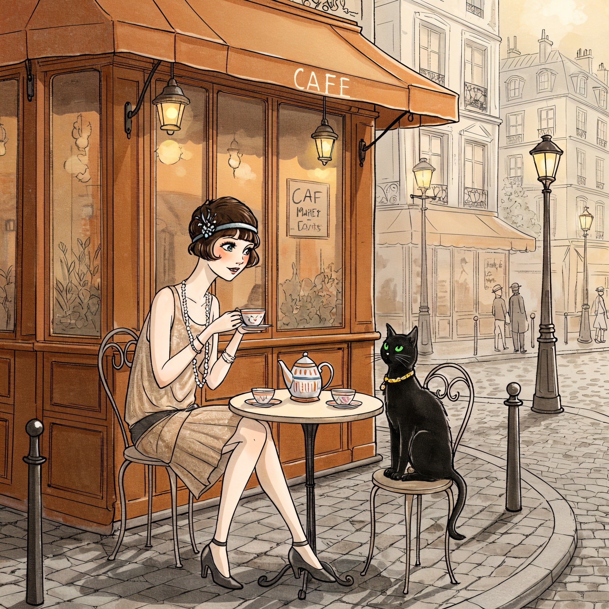 Charming café scene with a woman and a black cat