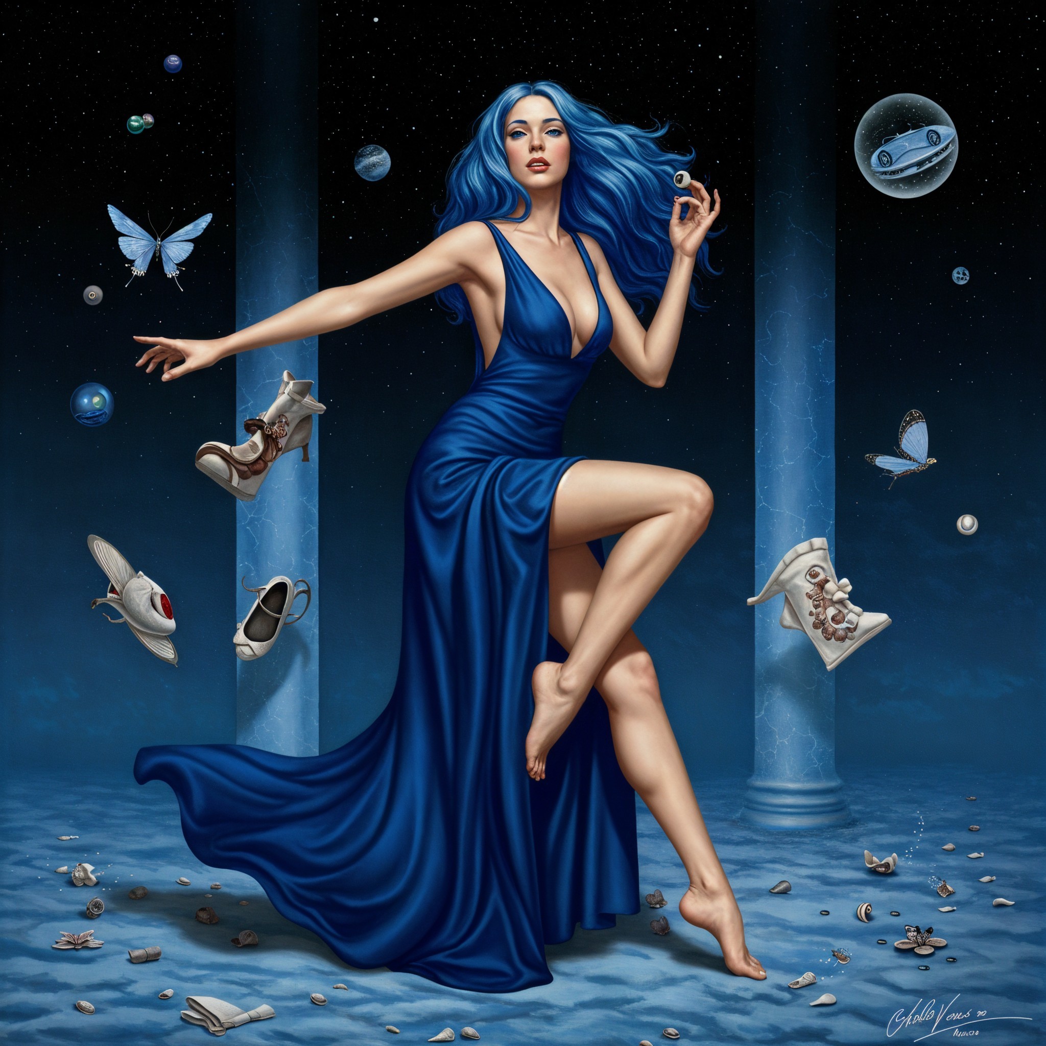 Ethereal Dance of a Woman in Blue Gown and Butterflies