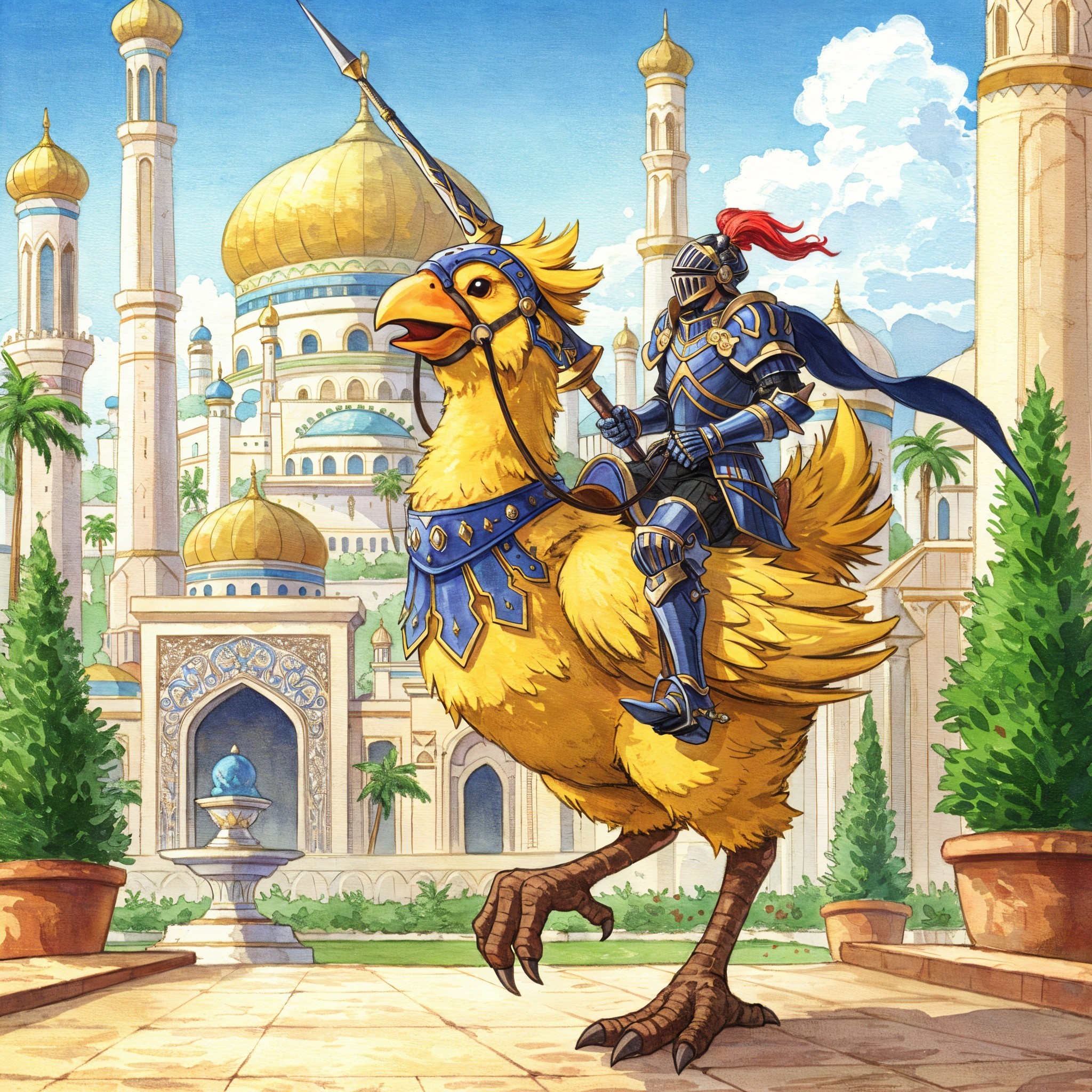 Knight on Chocobo in Fantasy Landscape with Palaces
