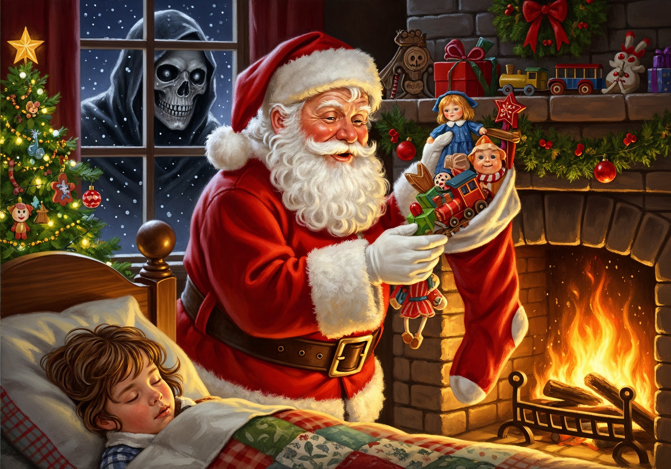 Santa Claus Filling Stocking in Cozy Christmas Room