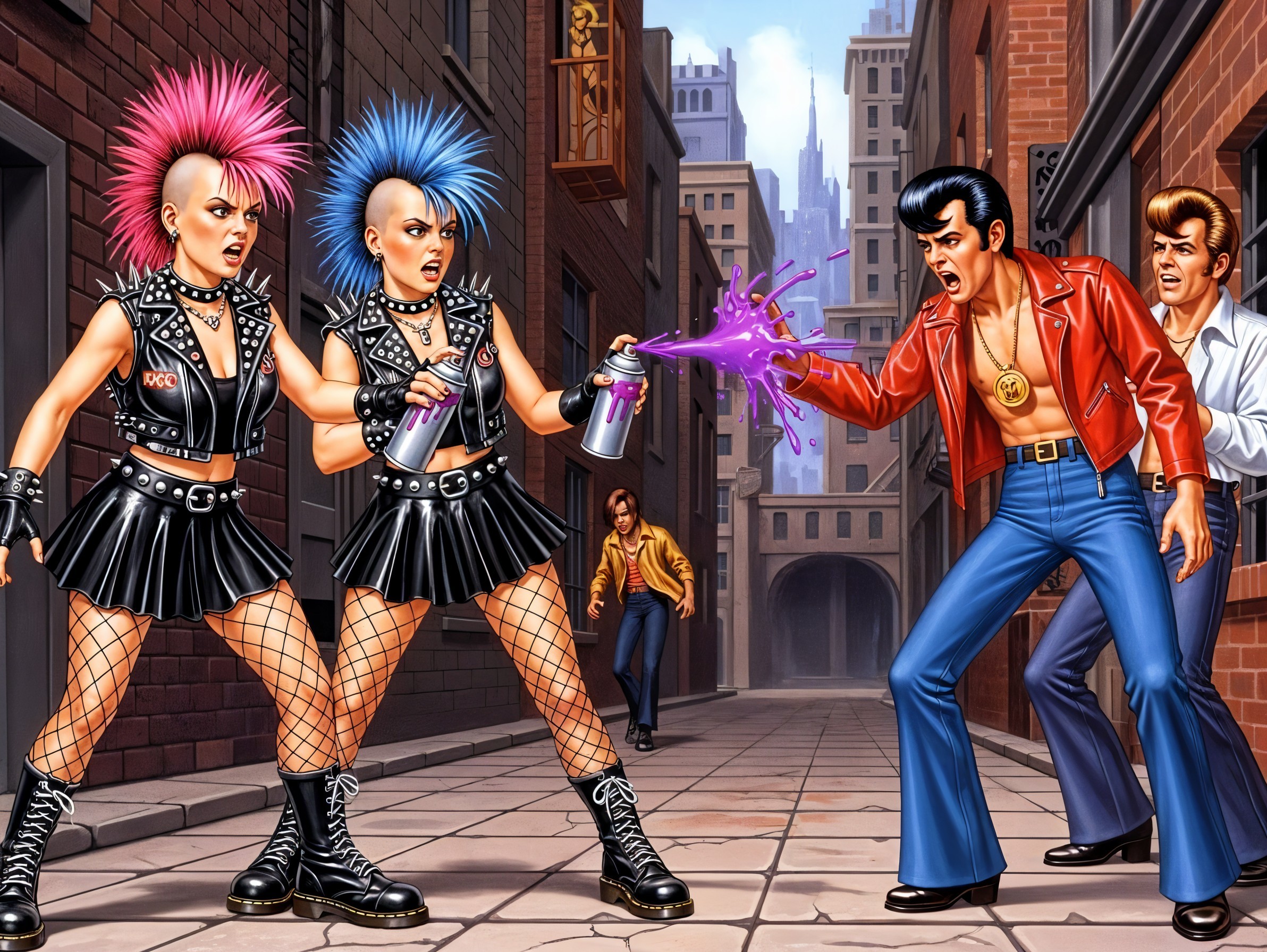 Punk Rock Girls and Greasers in Alleyway Scene