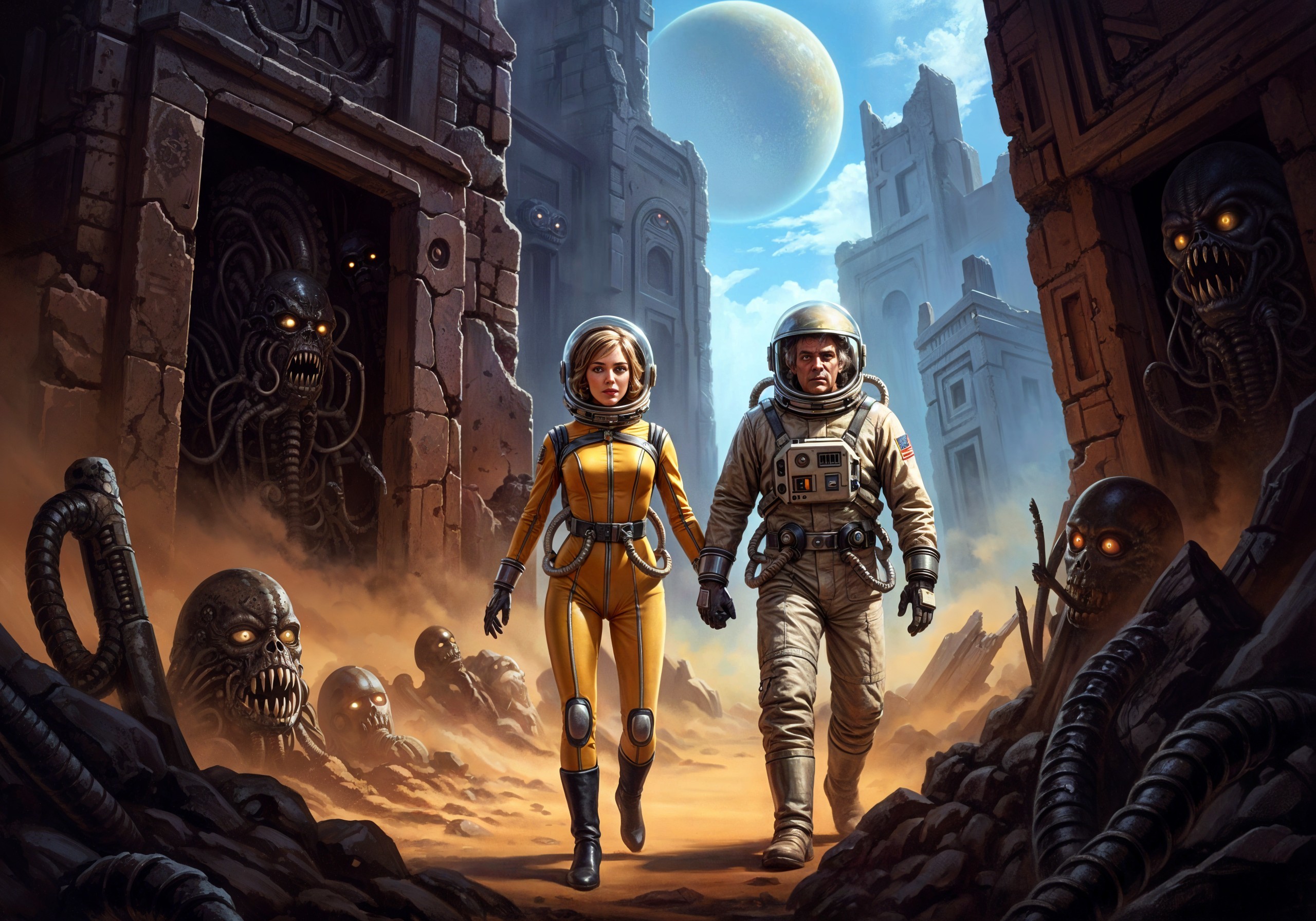 Futuristic Landscape with Astronauts and Ancient Ruins