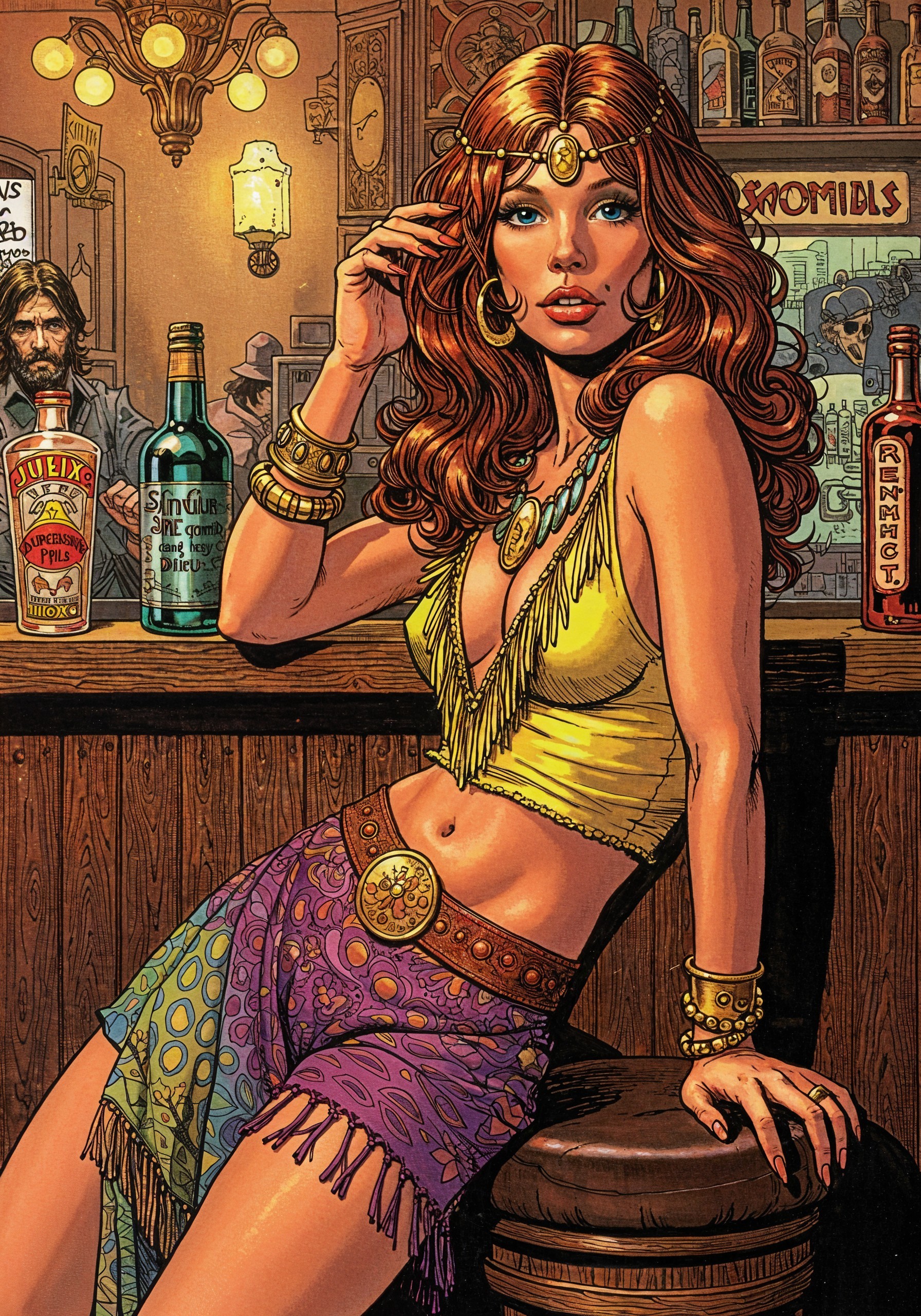Confident Woman at Bar with Red Hair and Vibrant Outfit