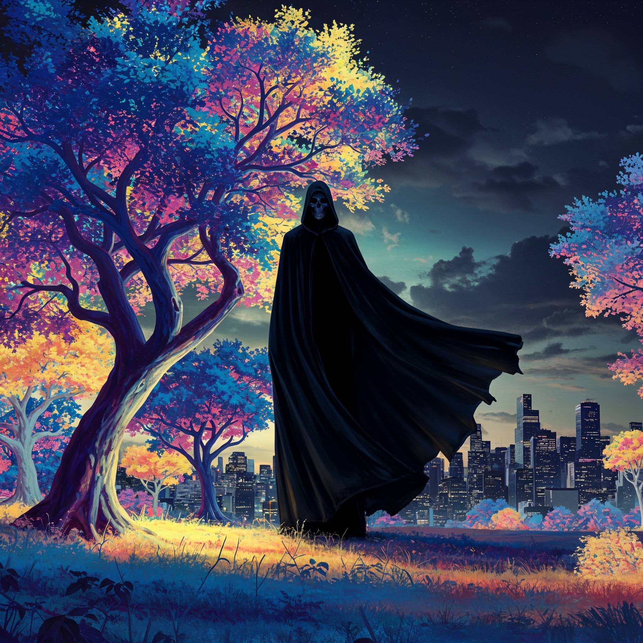 Mysterious Cloaked Figure in Colorful Twilight Foliage