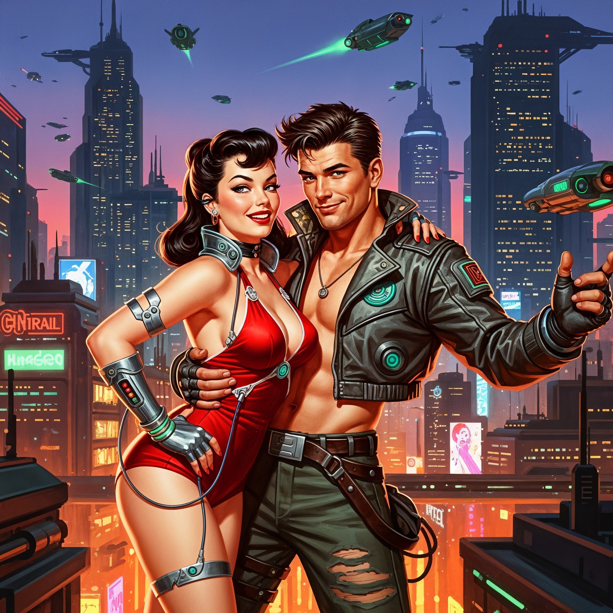 Futuristic Cityscape with Confident Retro Sci-Fi Couple