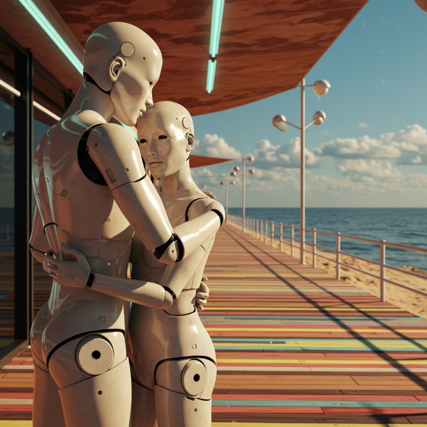 Humanoid Robots Embracing on Colorful Boardwalk