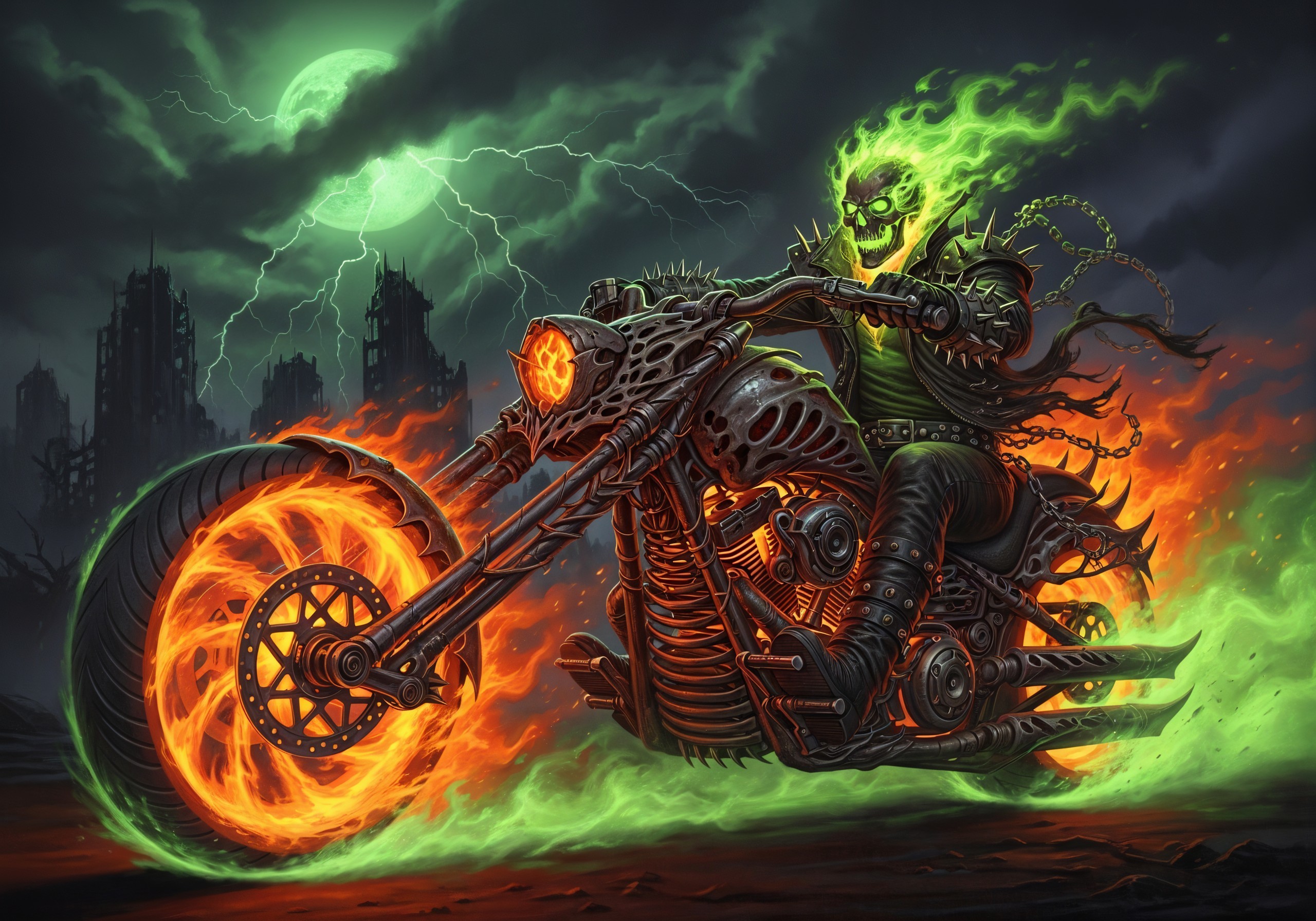 Fiery Spectral Figure on Menacing Motorcycle in Shadows