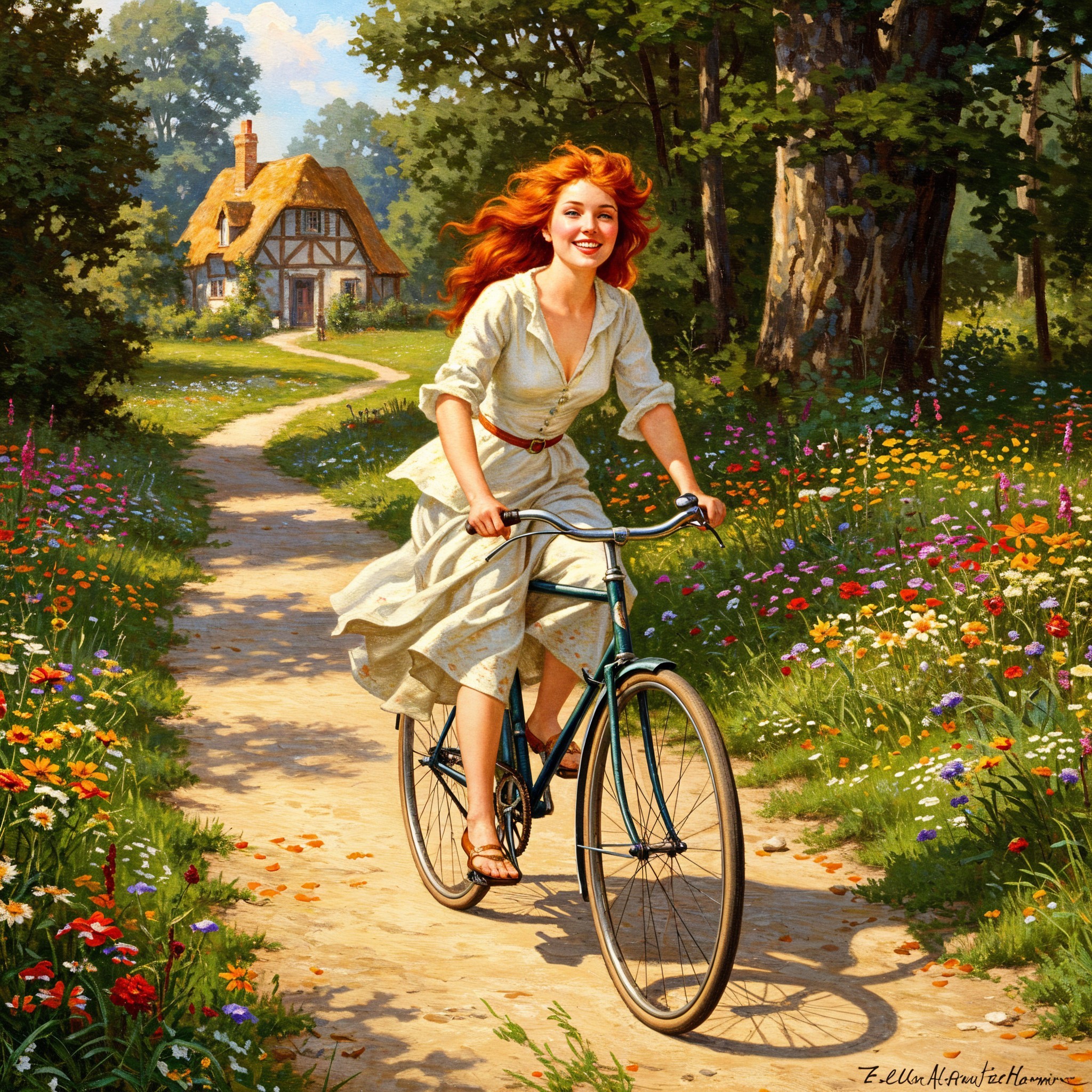 Joyful Woman on Vintage Bicycle in Countryside Scene