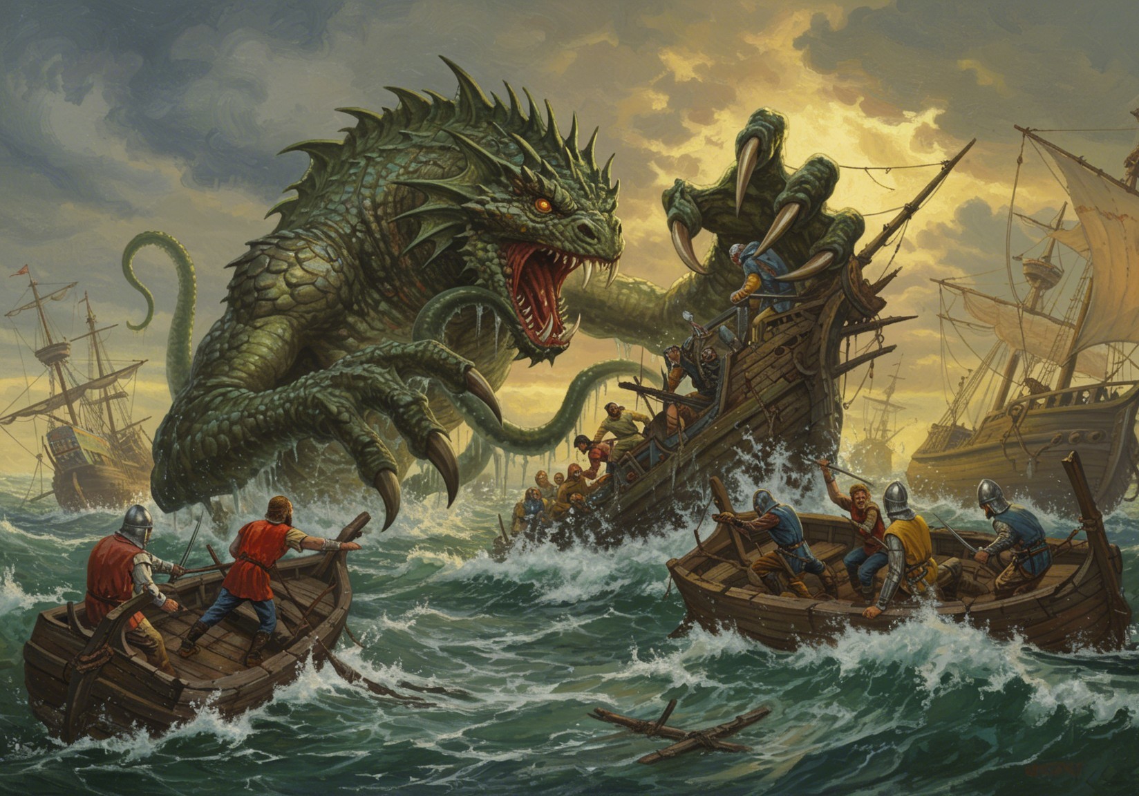 Colossal Sea Monster Emerges Amidst Chaotic Battle