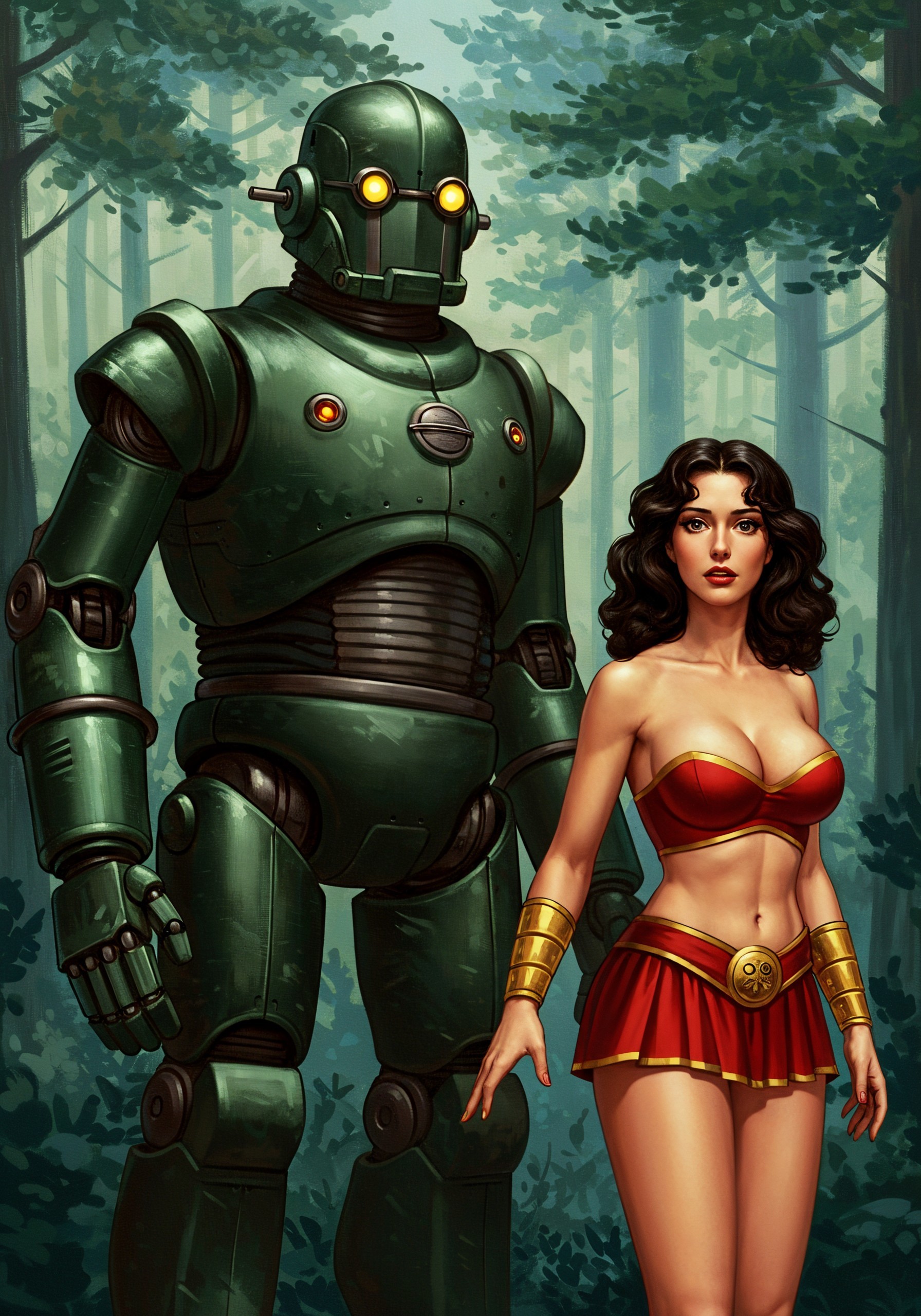 Female Warrior and Vintage Green Robot in Forest