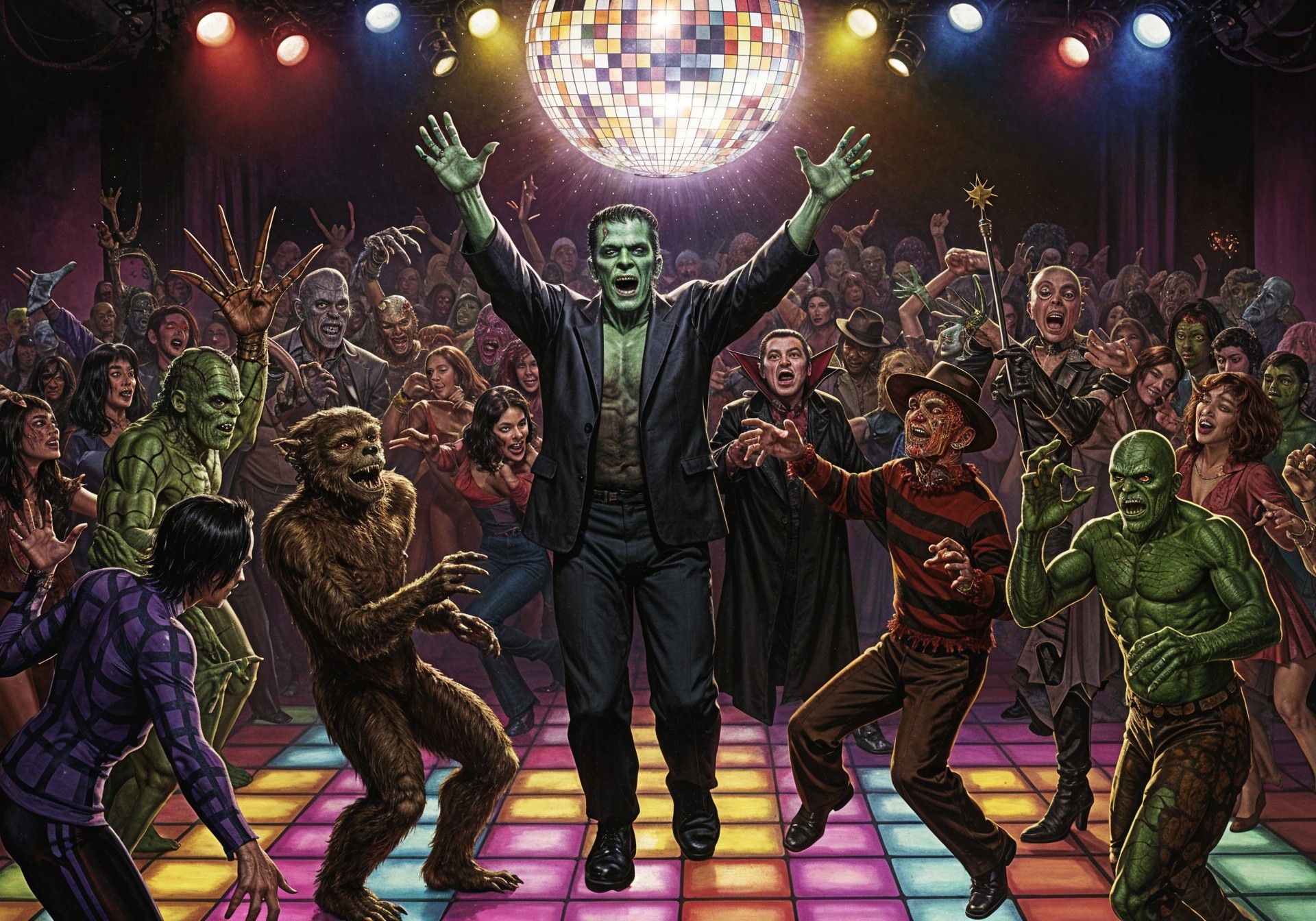 Disco Party with Classic Horror Icons and Colorful Lights