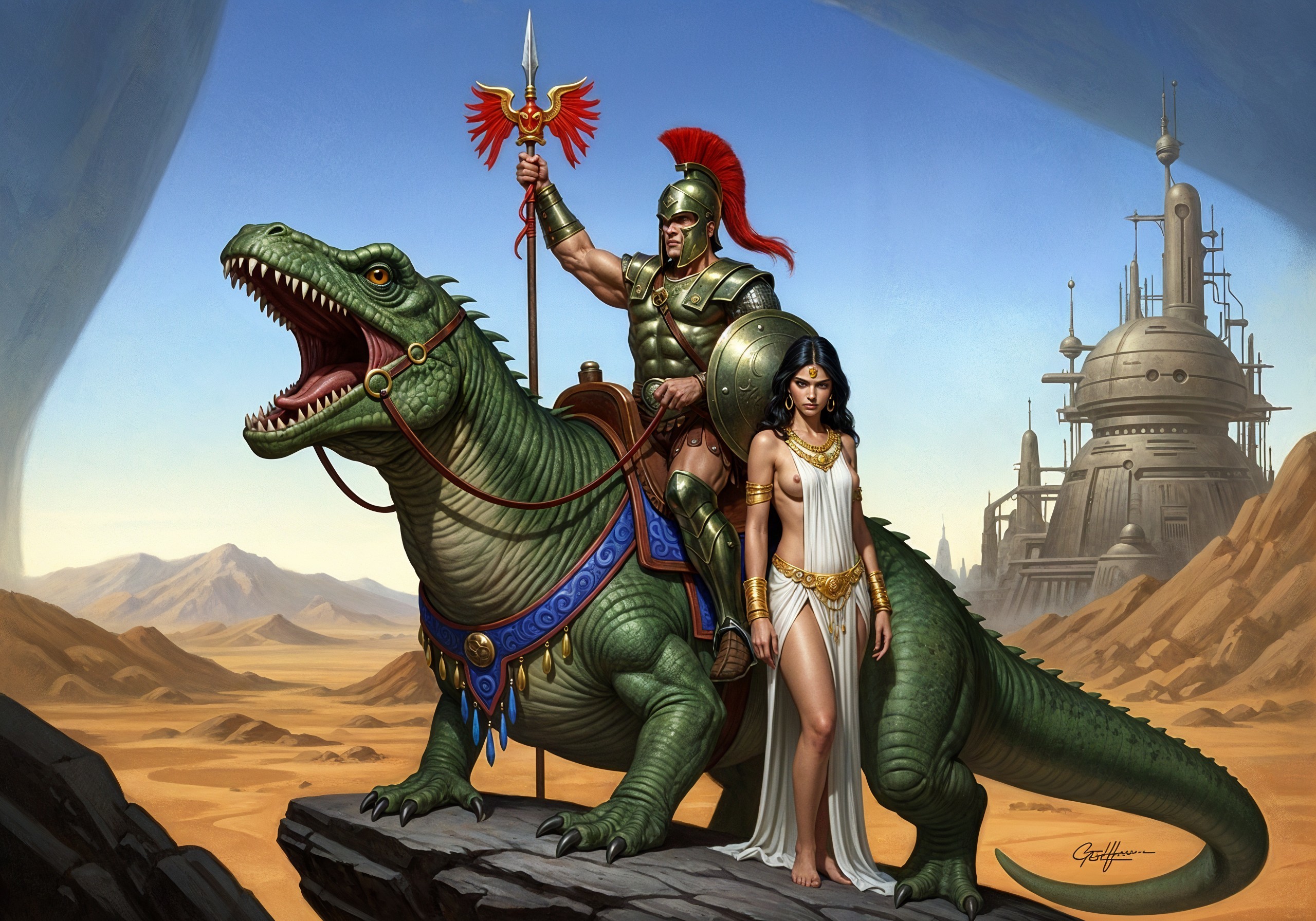 Futuristic Desert Scene with Warrior and Dinosaur