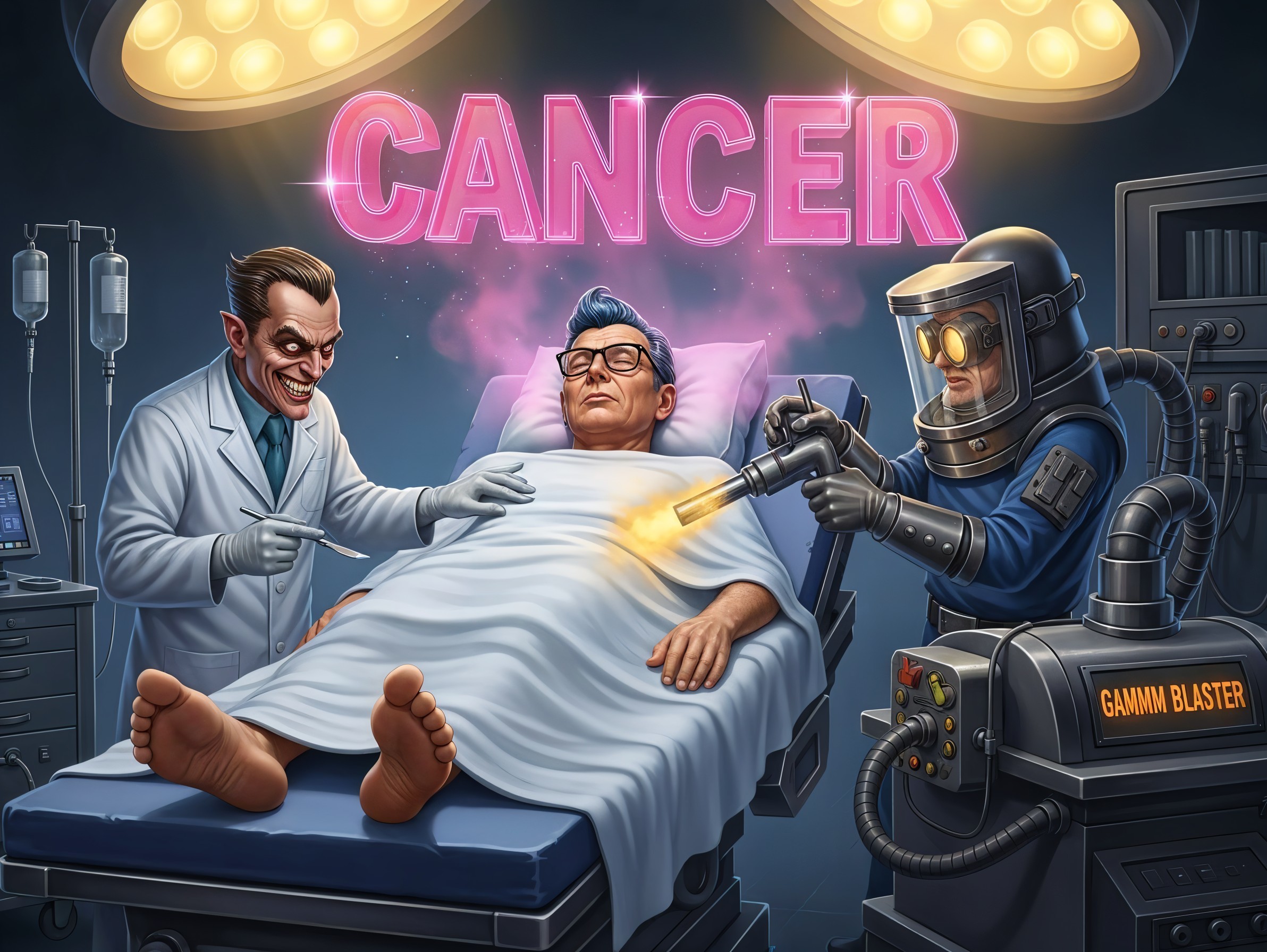 Hospital Scene with Man, Doctor, and Mysterious Figure