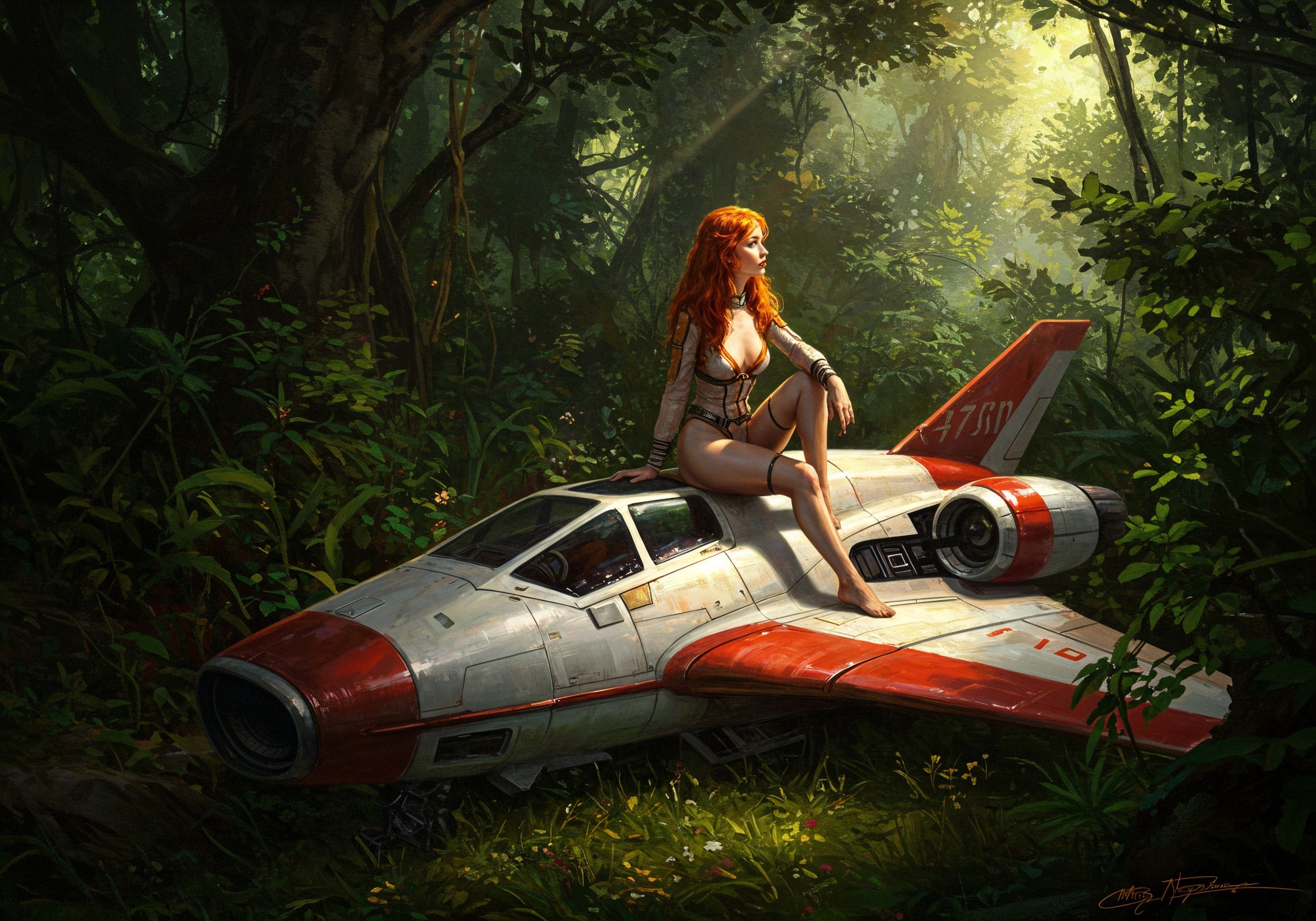 Vintage Spacecraft in Lush Jungle with Red-Haired Woman