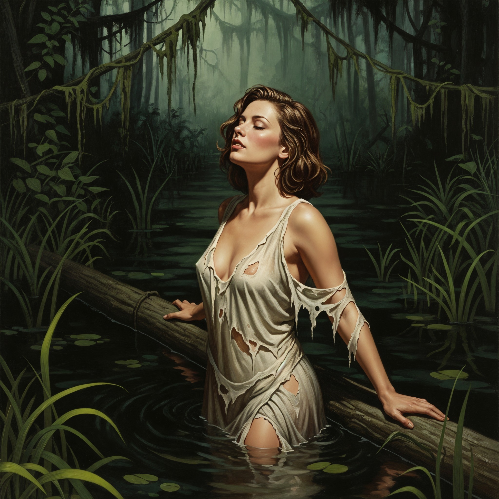 Mysterious Figure in Serene Swamp Landscape