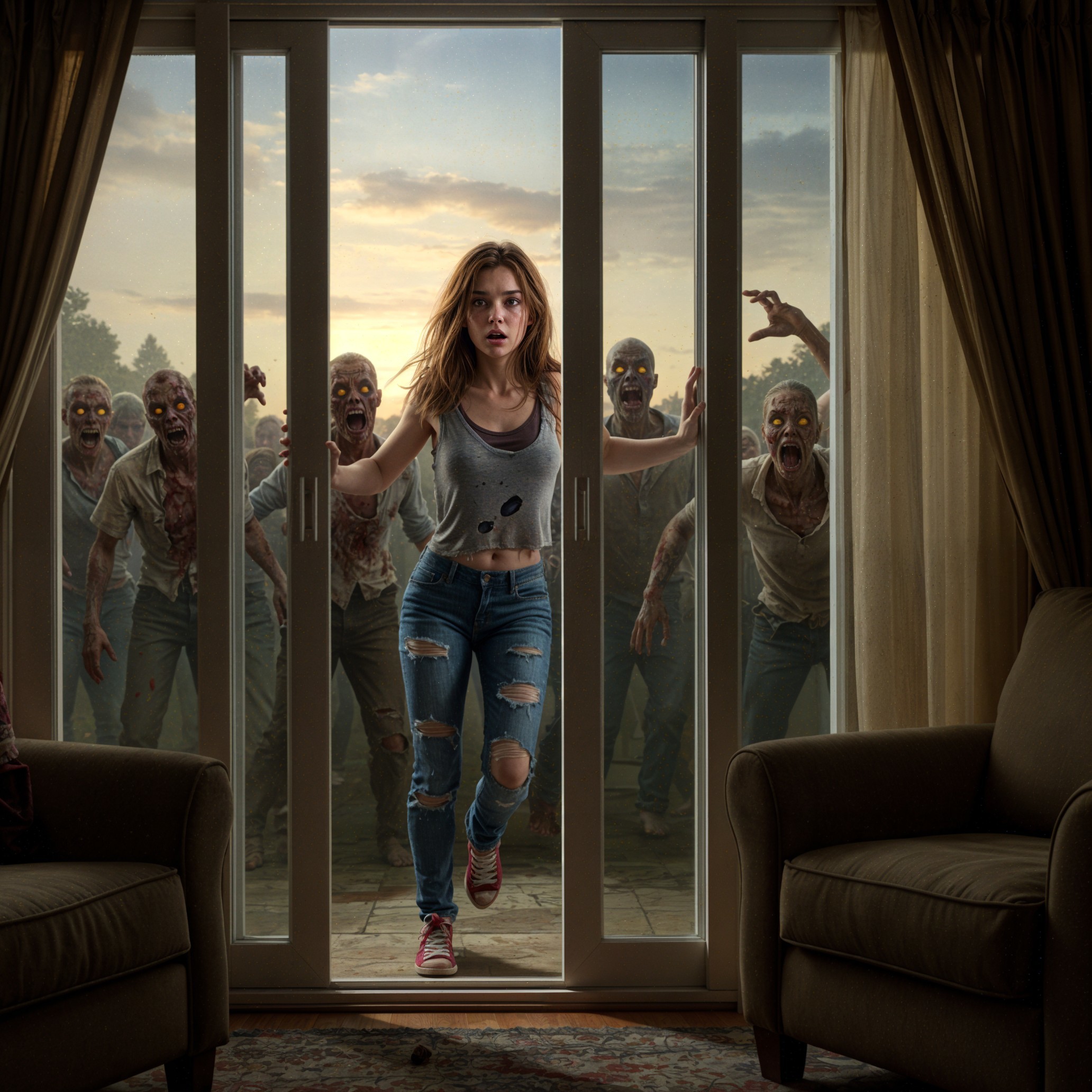 Young woman fleeing zombies in a dimly lit room