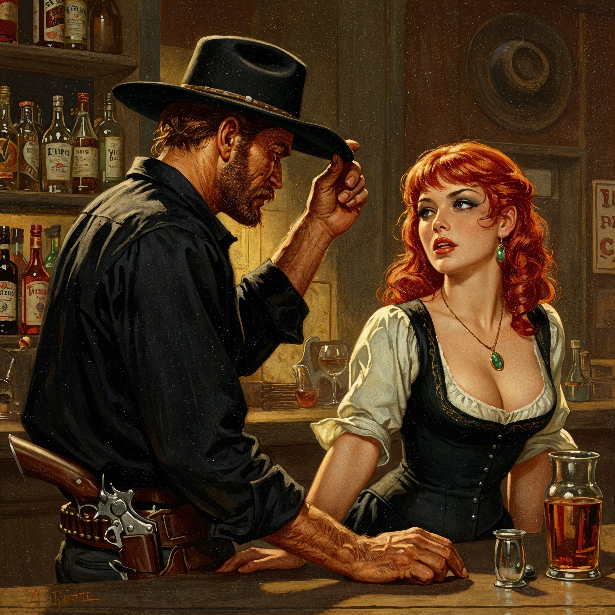 Cowboy and Woman in Rustic Saloon Setting
