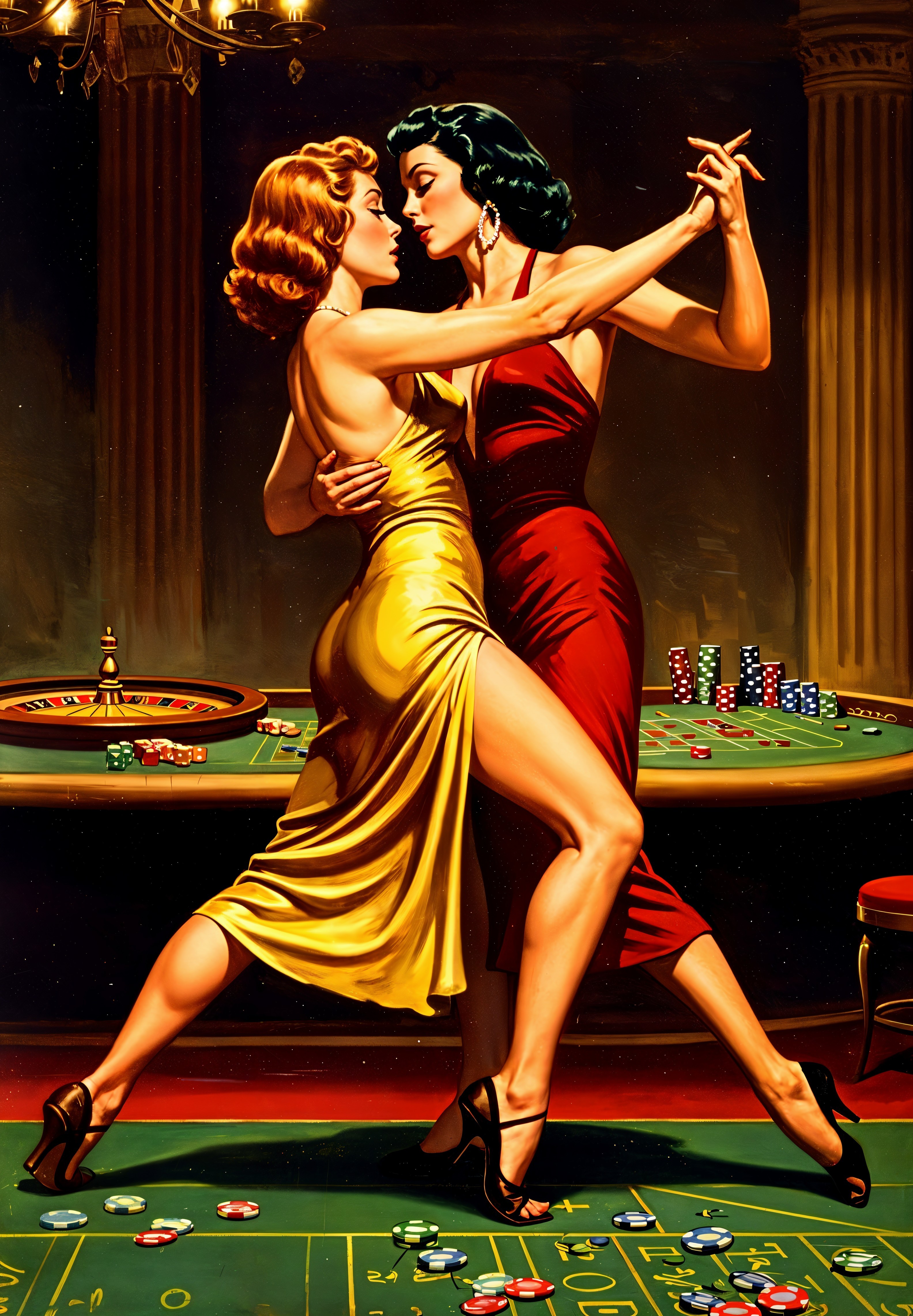 Elegant Dance of Women in Casino with Poker Chips