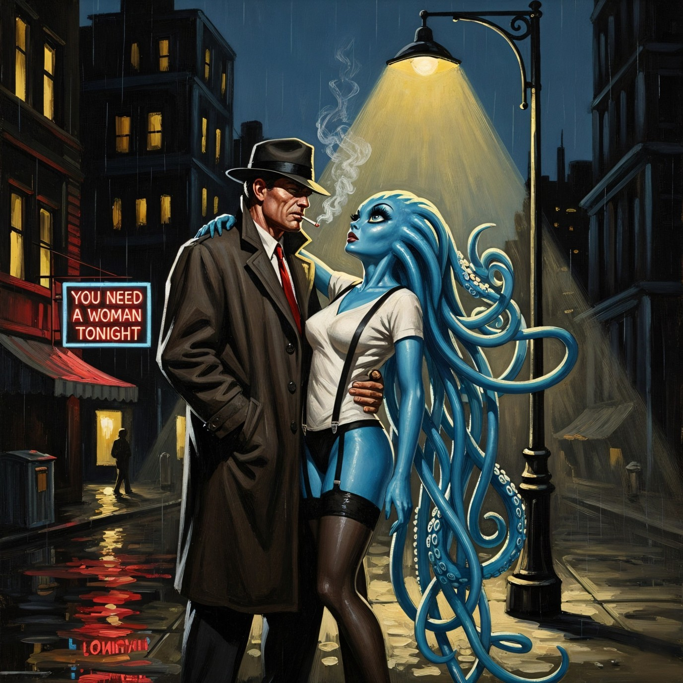 Noir Detective and Tentacled Woman in City Alley Scene