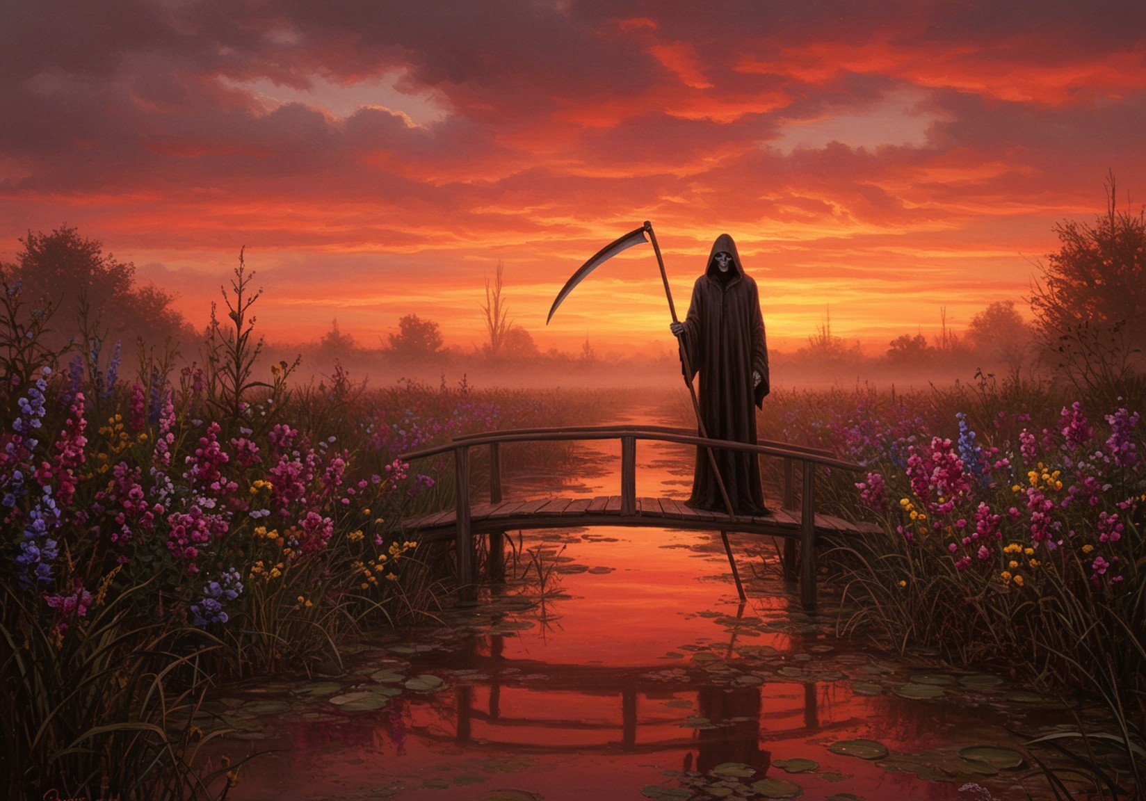 Cloaked Figure with Scythe on Bridge at Sunset