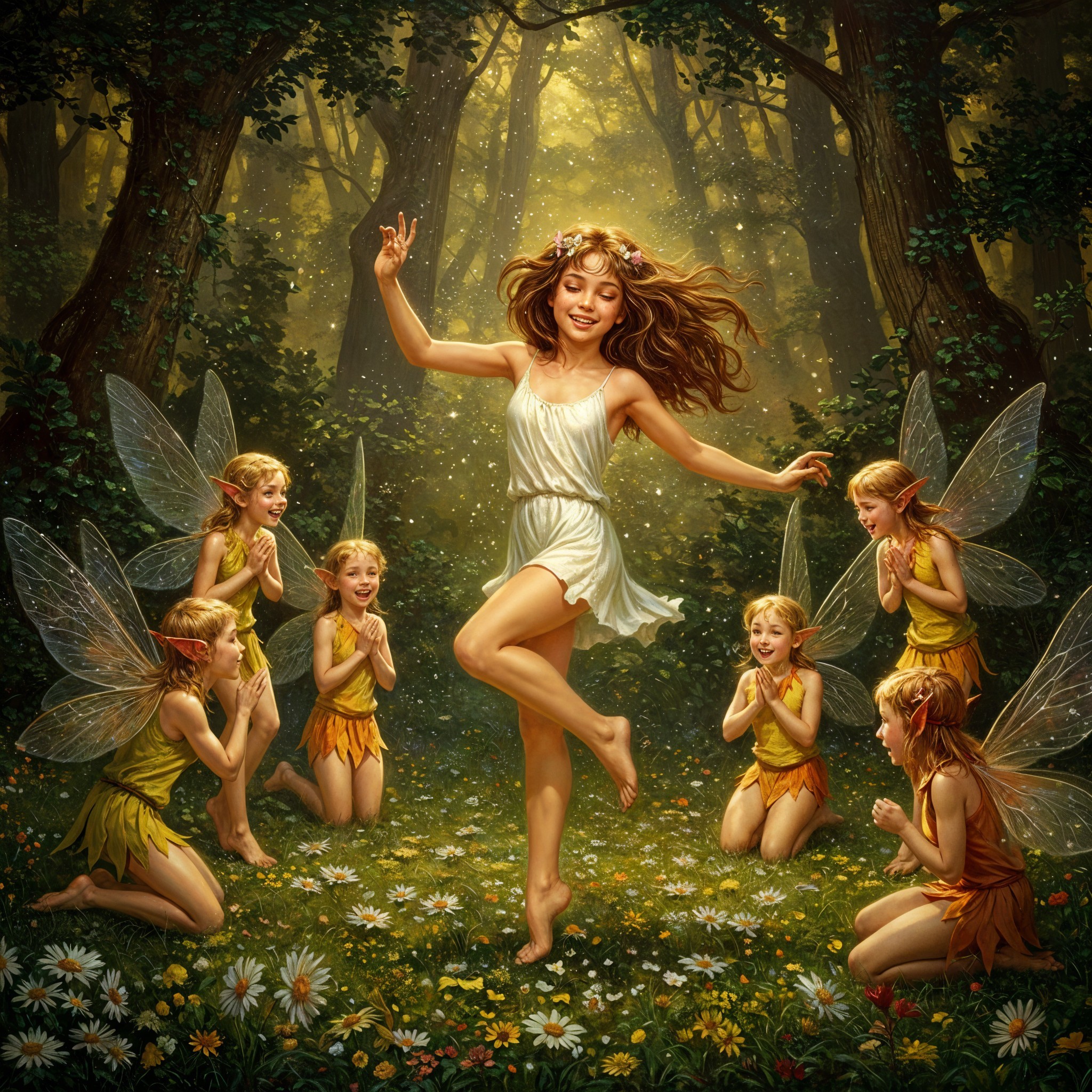 Joyful girl dances with fairies in a magical forest