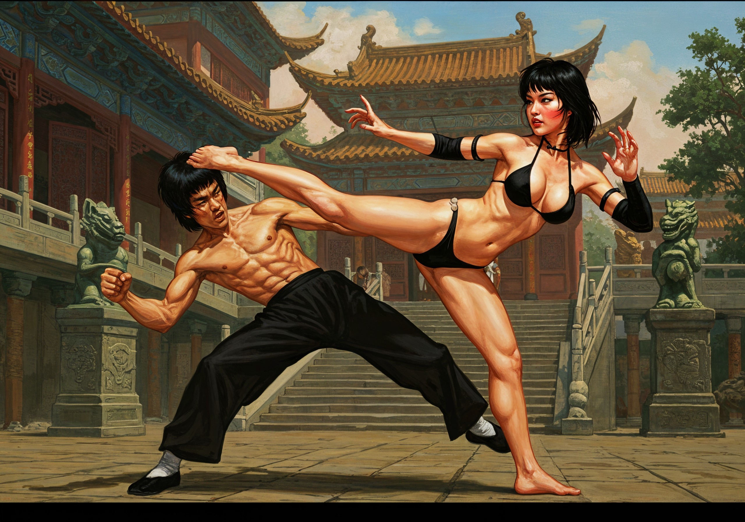 Martial Arts Duel in Ornate Temple Courtyard