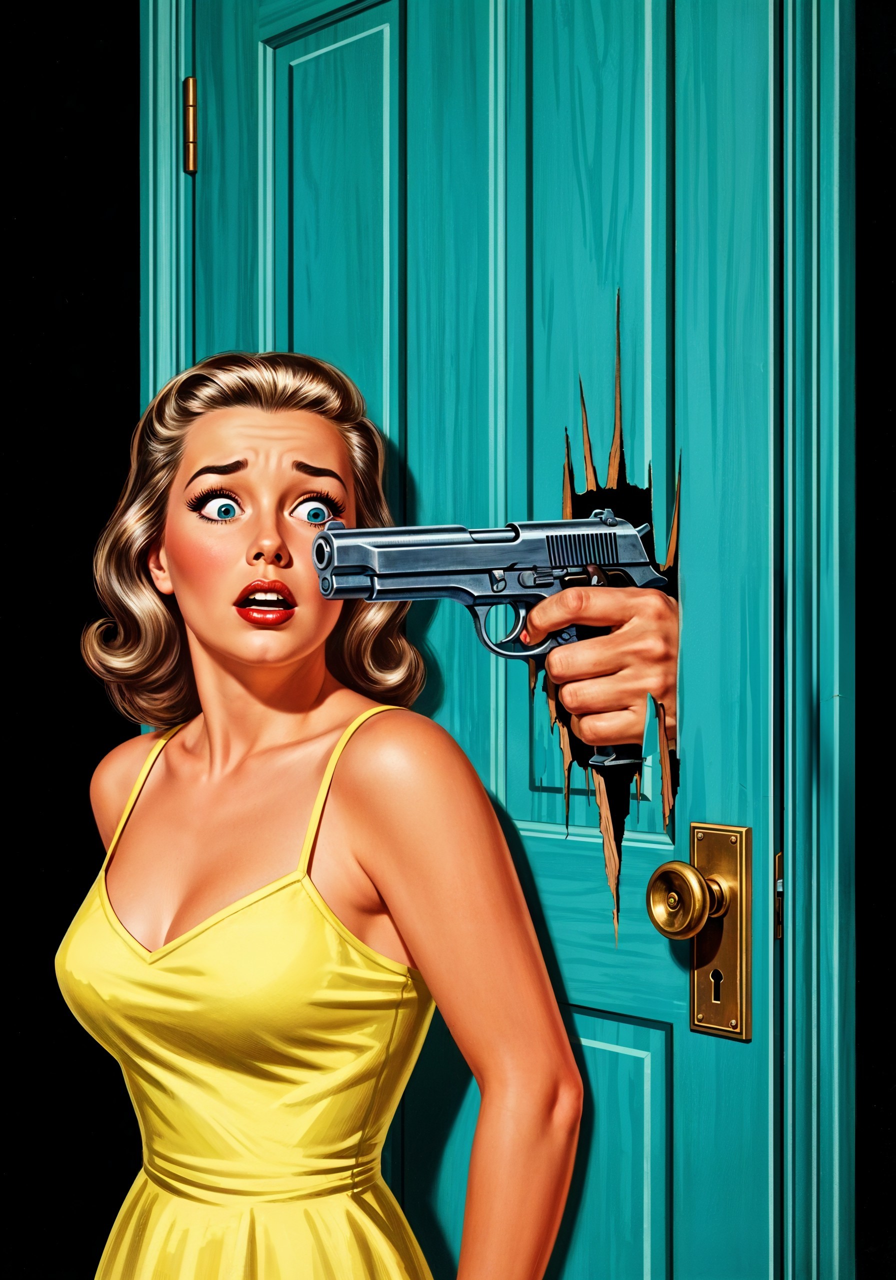 Young Woman in Yellow Dress Faces Gun Threat by Door