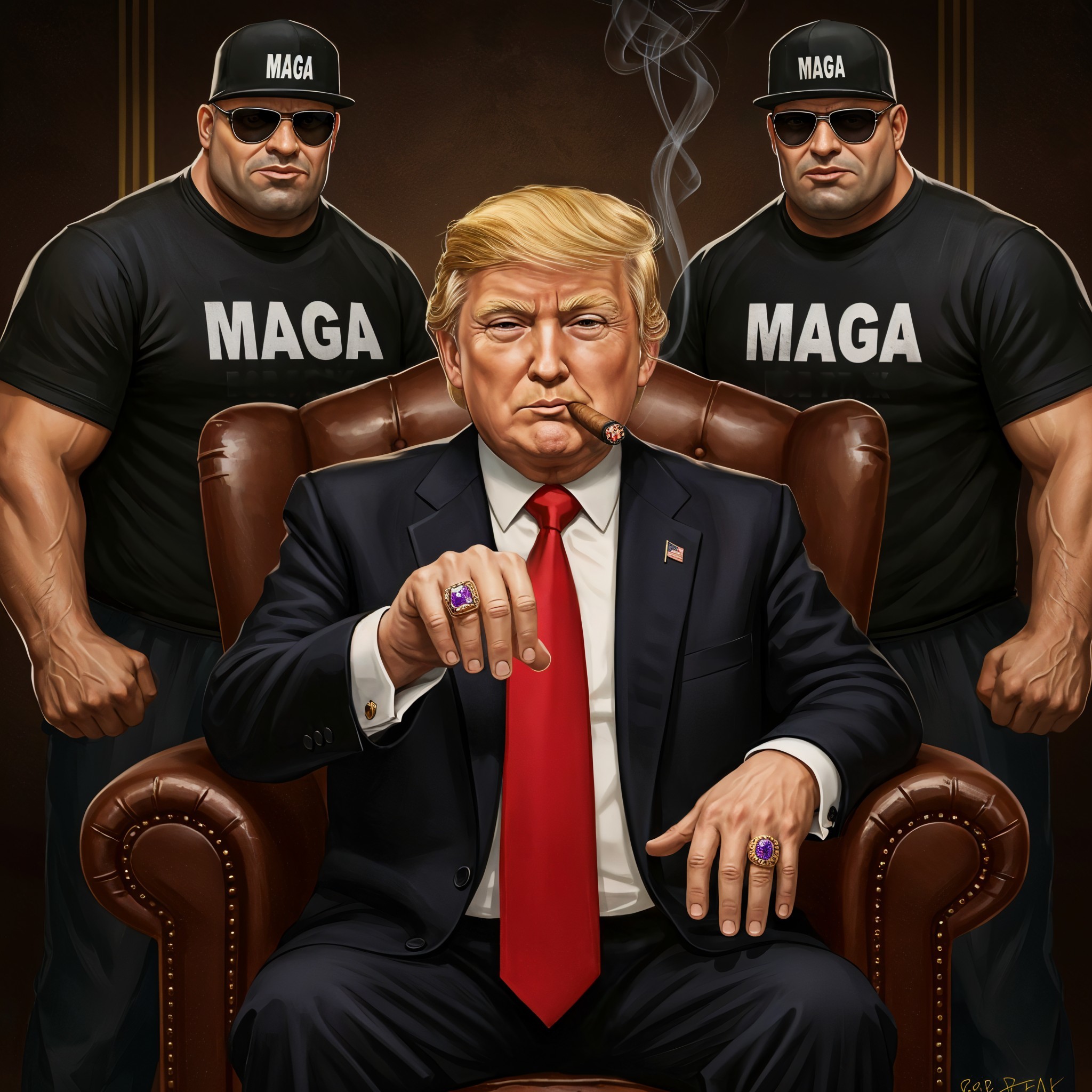 Seated Businessman with Bodyguards in Opulent Setting